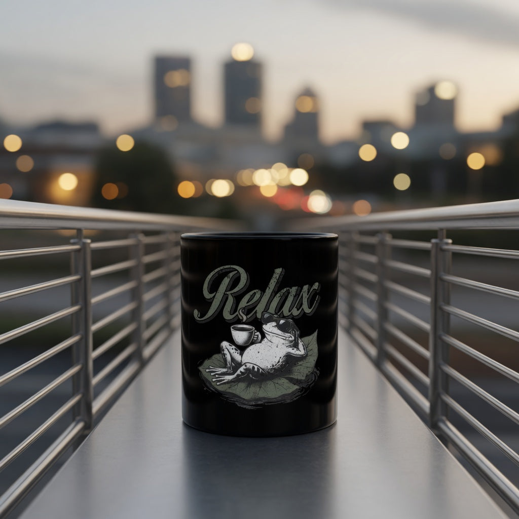Black ceramic mug featuring a graphic of a frog relaxing on a lily pad with a coffee cup.