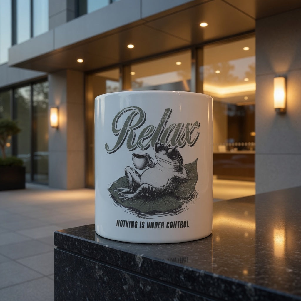 White ceramic mug featuring a graphic of a frog in sunglasses relaxing on a leaf with coffee.