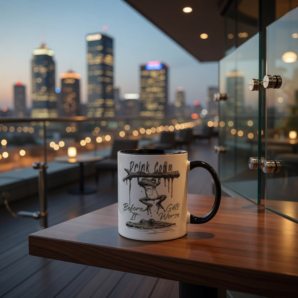 White coffee mug with a frog hanging from a branch above a crocodile and the text Drink Coffee.