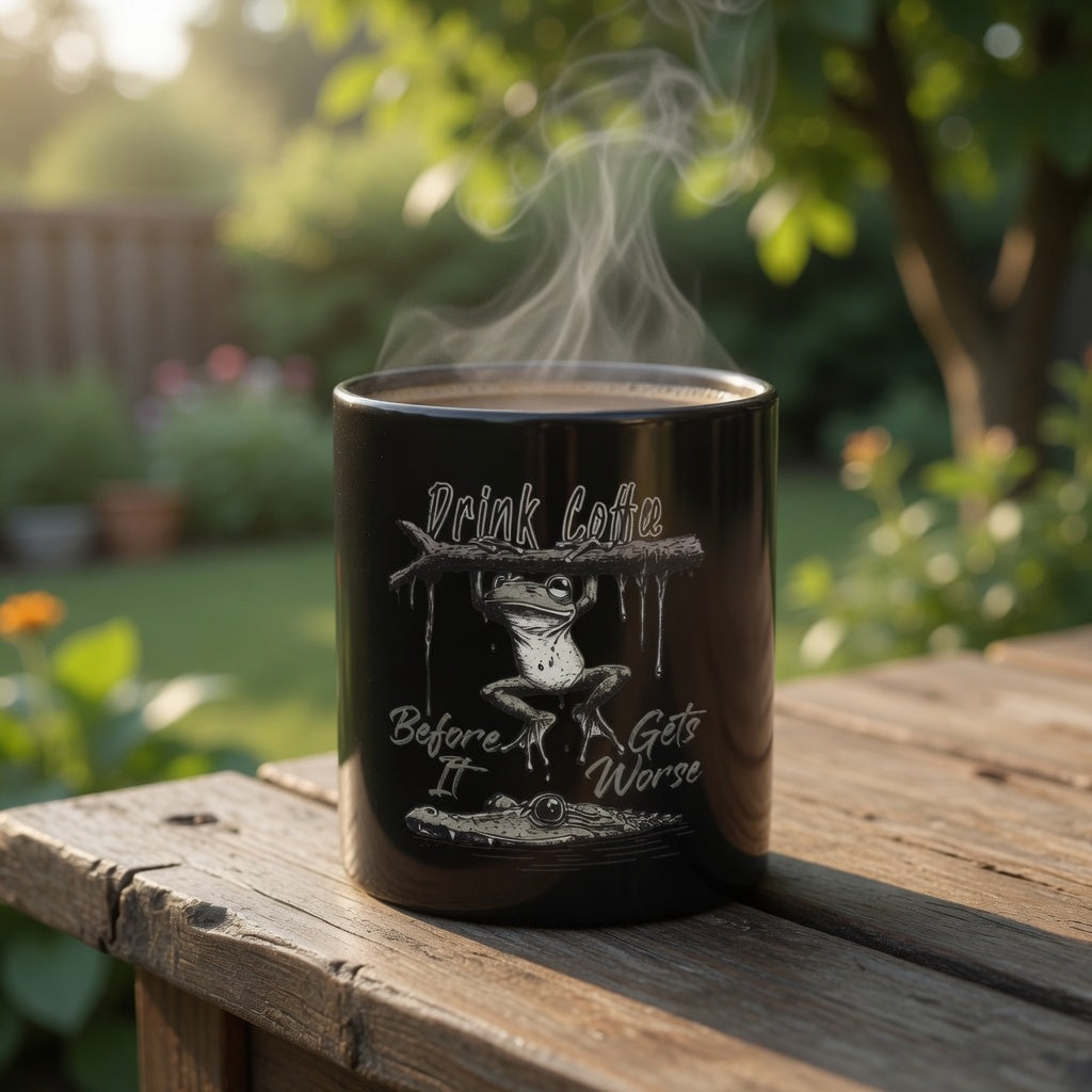 Black ceramic coffee mug featuring a frog hanging from a branch above an alligator illustration.
