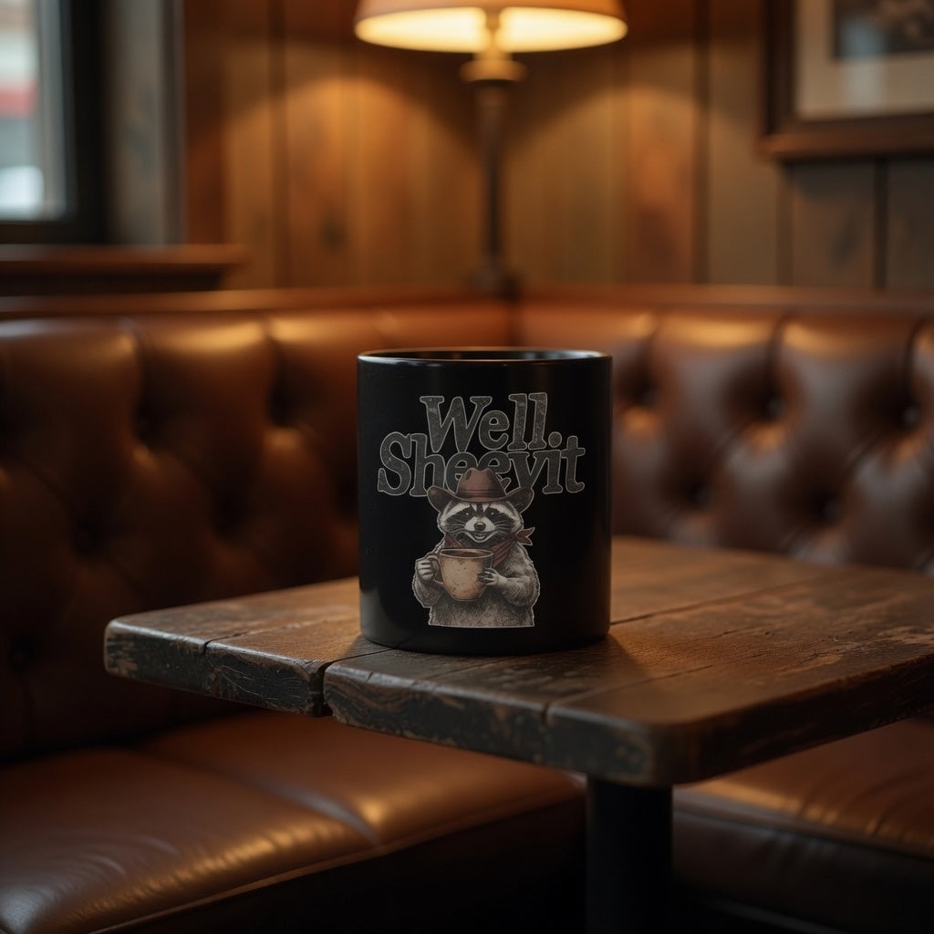 Black ceramic coffee mug featuring a raccoon in a cowboy hat and bandana holding a mug.