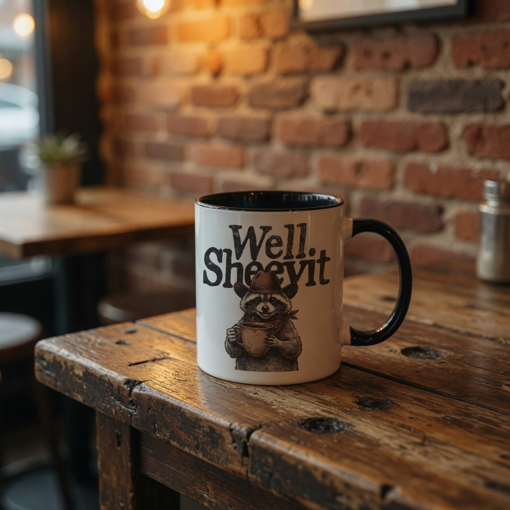 White ceramic mug featuring a raccoon in a cowboy hat holding a mug with the text Well Sheeyit.