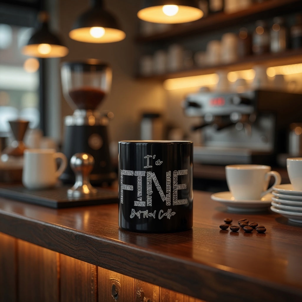 Black ceramic coffee mug with 'I'm FINE' text design on a wooden cafe counter.