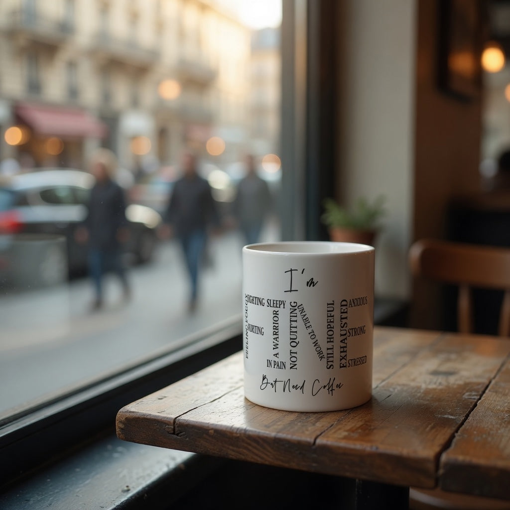 White ceramic mug with text describing various feelings, sitting on a wooden table by a window.