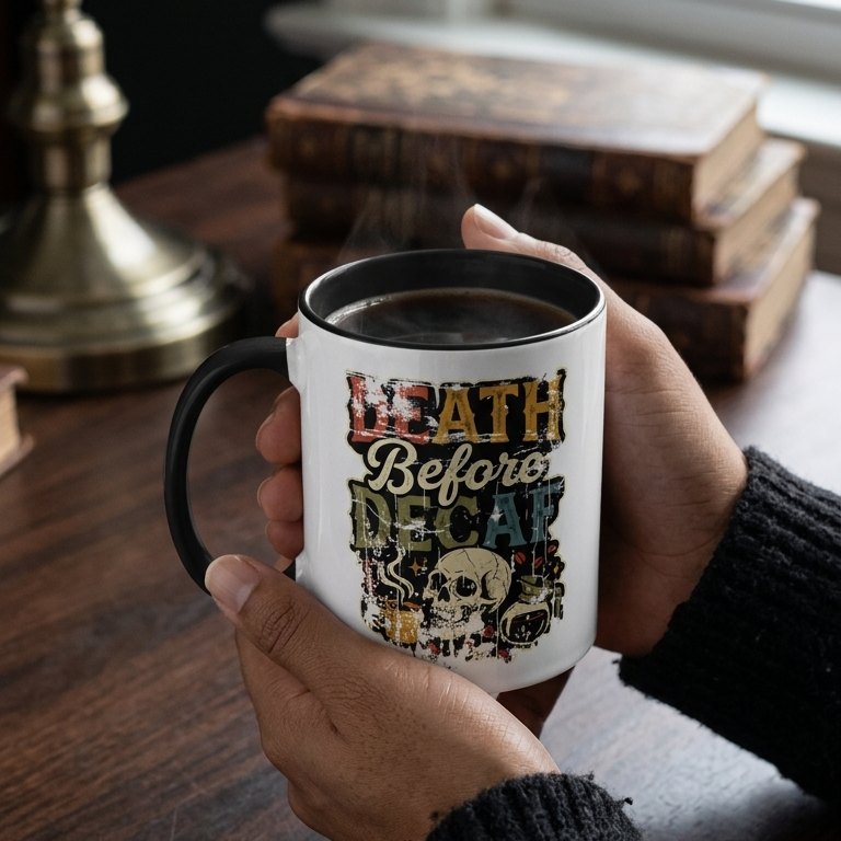 A person holding a white ceramic mug with a retro skull graphic and the text Death Before Decaf.