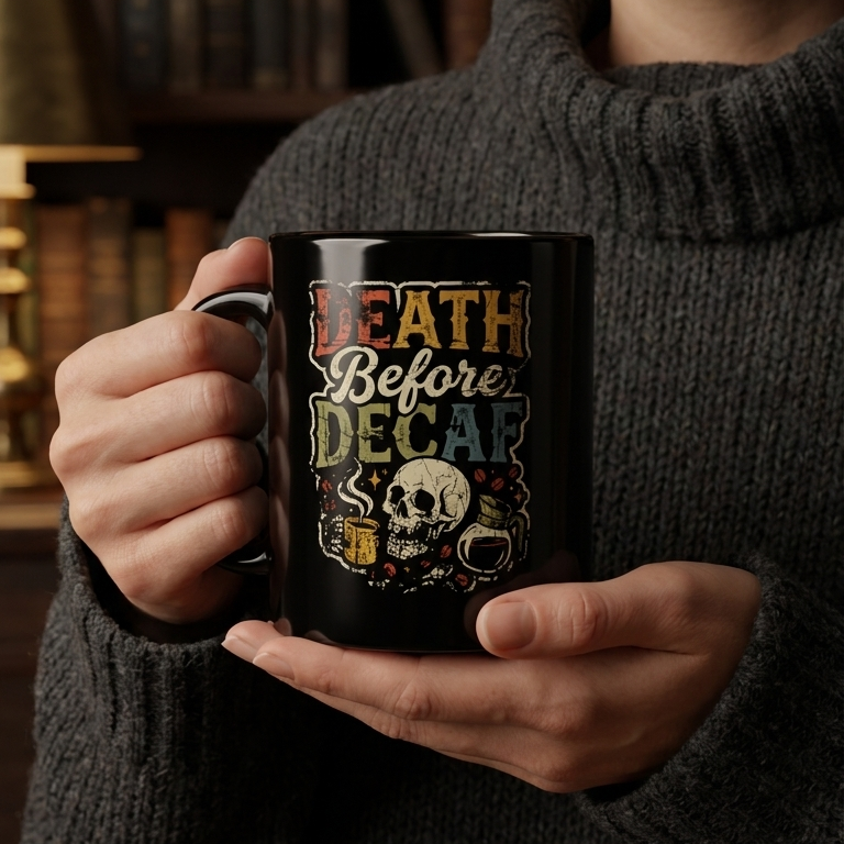 Black ceramic mug featuring a skull design and the text Death Before Decaf.