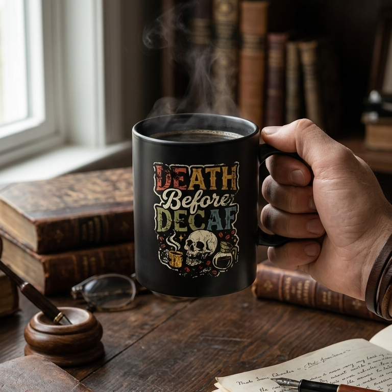 Black ceramic coffee mug featuring a skull design and the text Death Before Decaf.