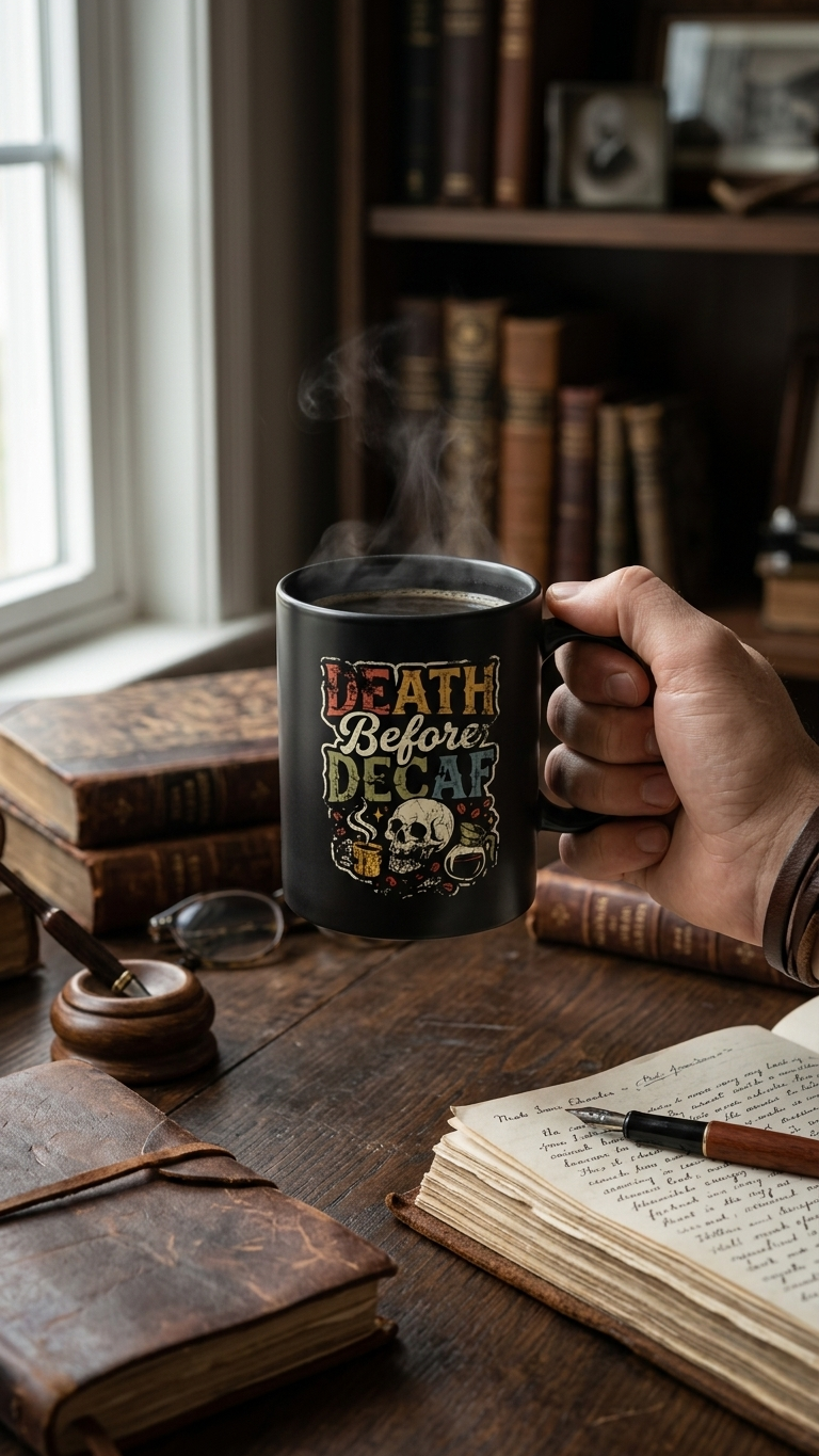 Black ceramic coffee mug featuring a skull design and the text Death Before Decaf.