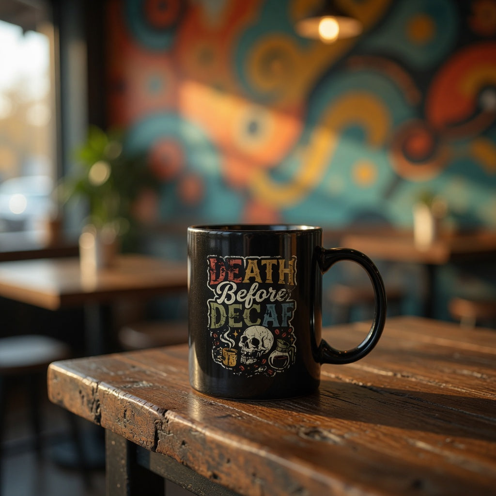 Black ceramic coffee mug with Death Before Decaf text and a skull illustration.