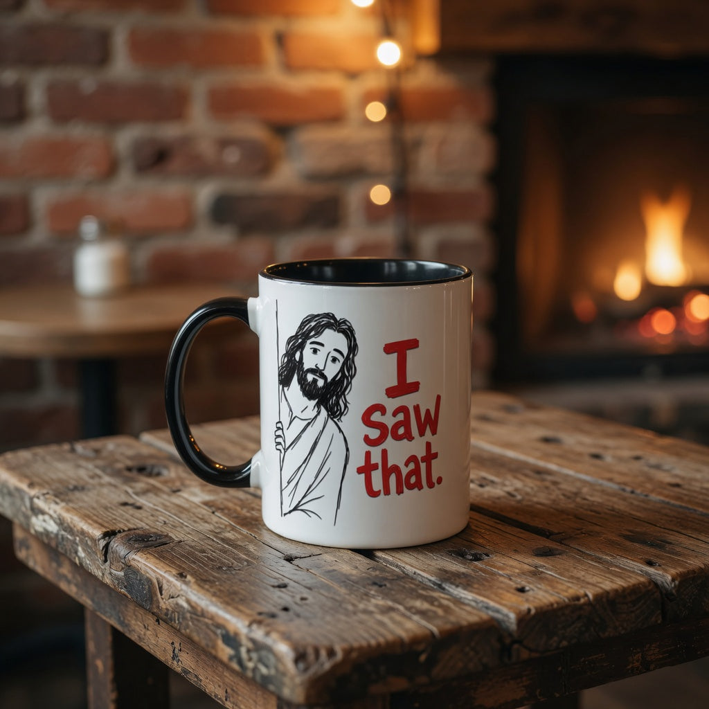 White ceramic coffee mug with a black handle and a drawing of Jesus saying I Saw That in red text.