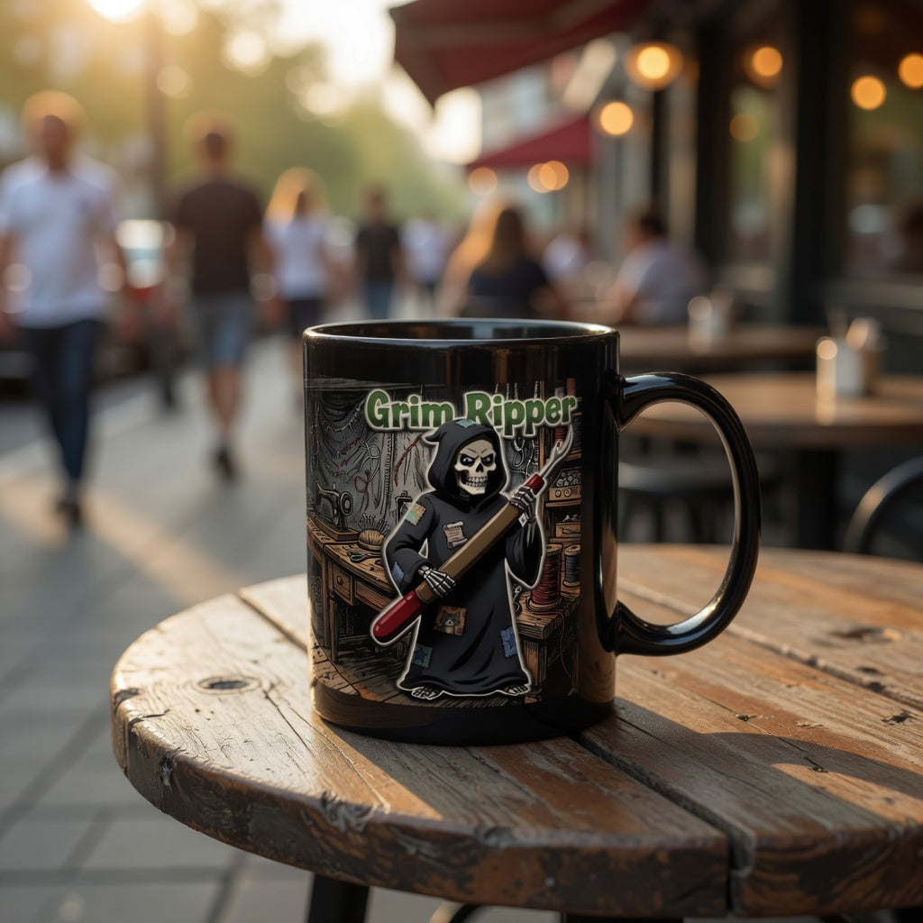 Black ceramic mug with a Grim Ripper cartoon holding a seam ripper on a wooden outdoor table.