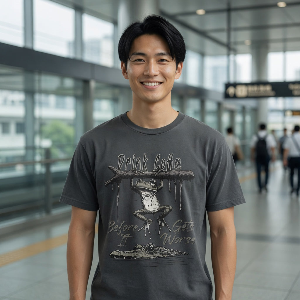 Unisex charcoal grey cotton t-shirt featuring a distressed graphic of a frog and alligator.