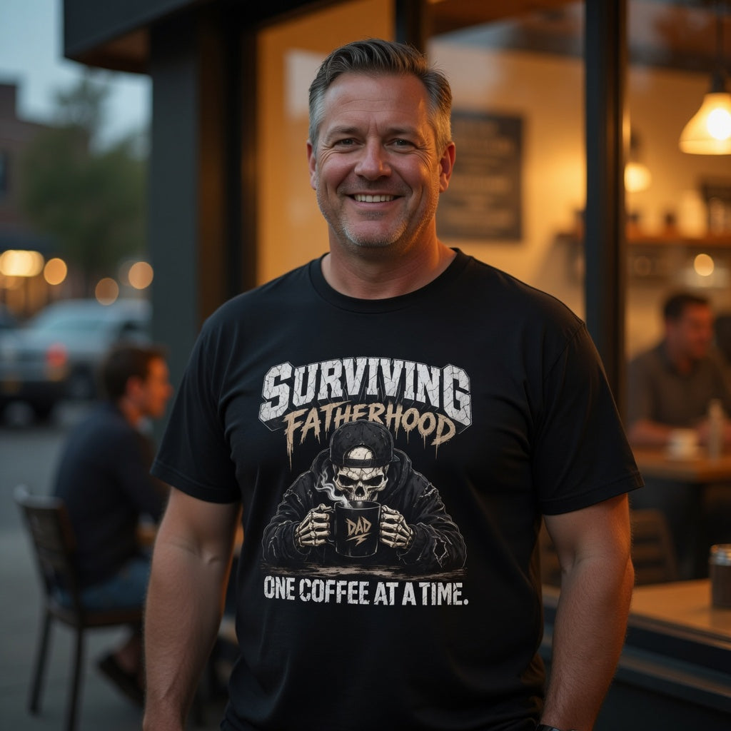 Man wearing a black t-shirt with a skull drinking coffee and 'Surviving Fatherhood' graphic.
