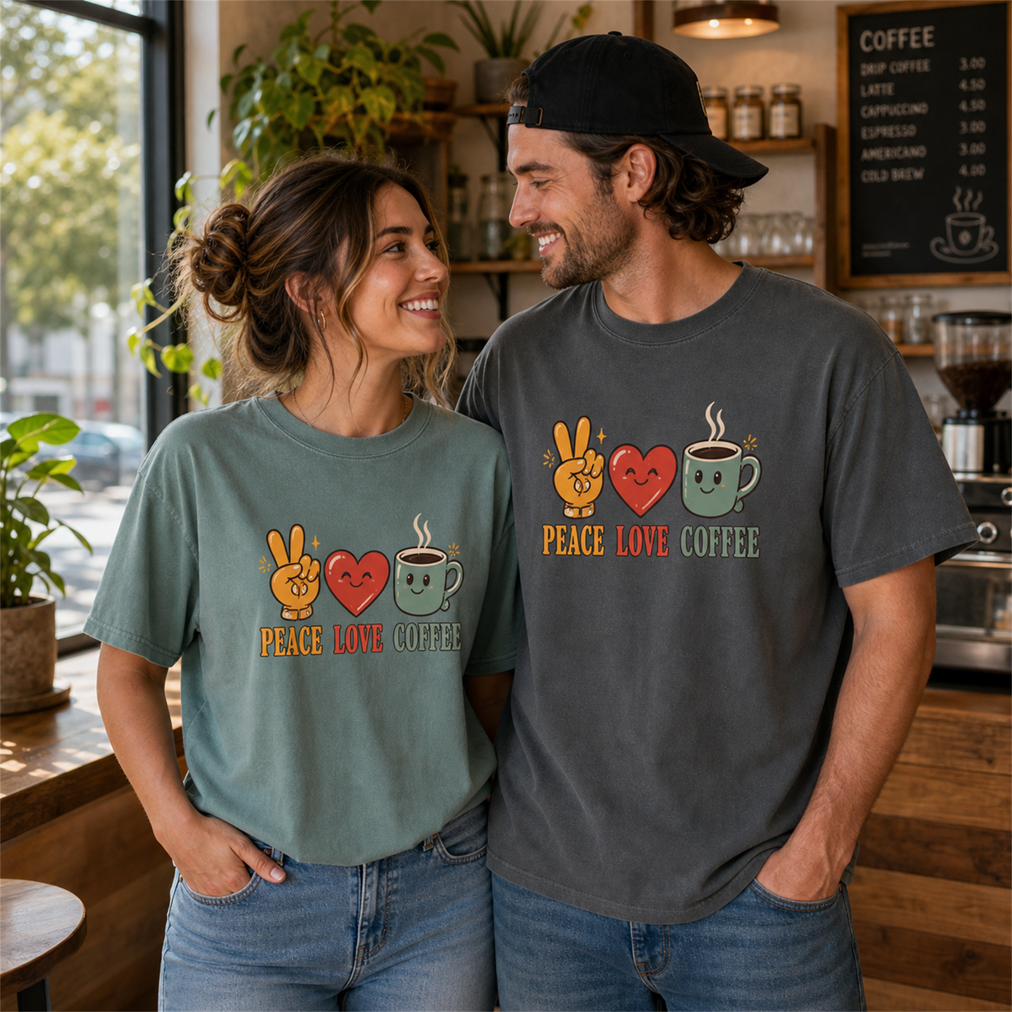 A man and woman wearing Peace Love Coffee graphic tees in a cozy coffee shop setting.