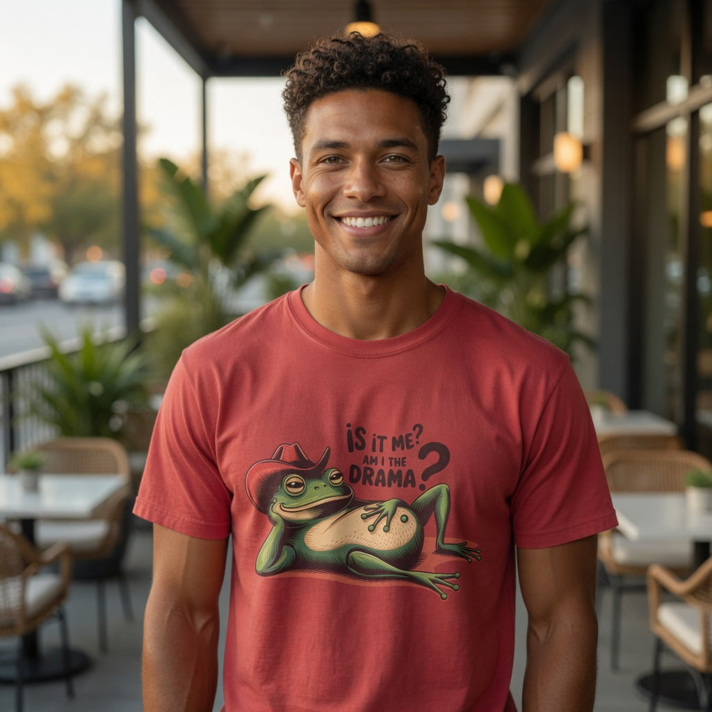 Man wearing a red Cowboy Frog Graphic T-Shirt with a vintage frog illustration and humorous text.