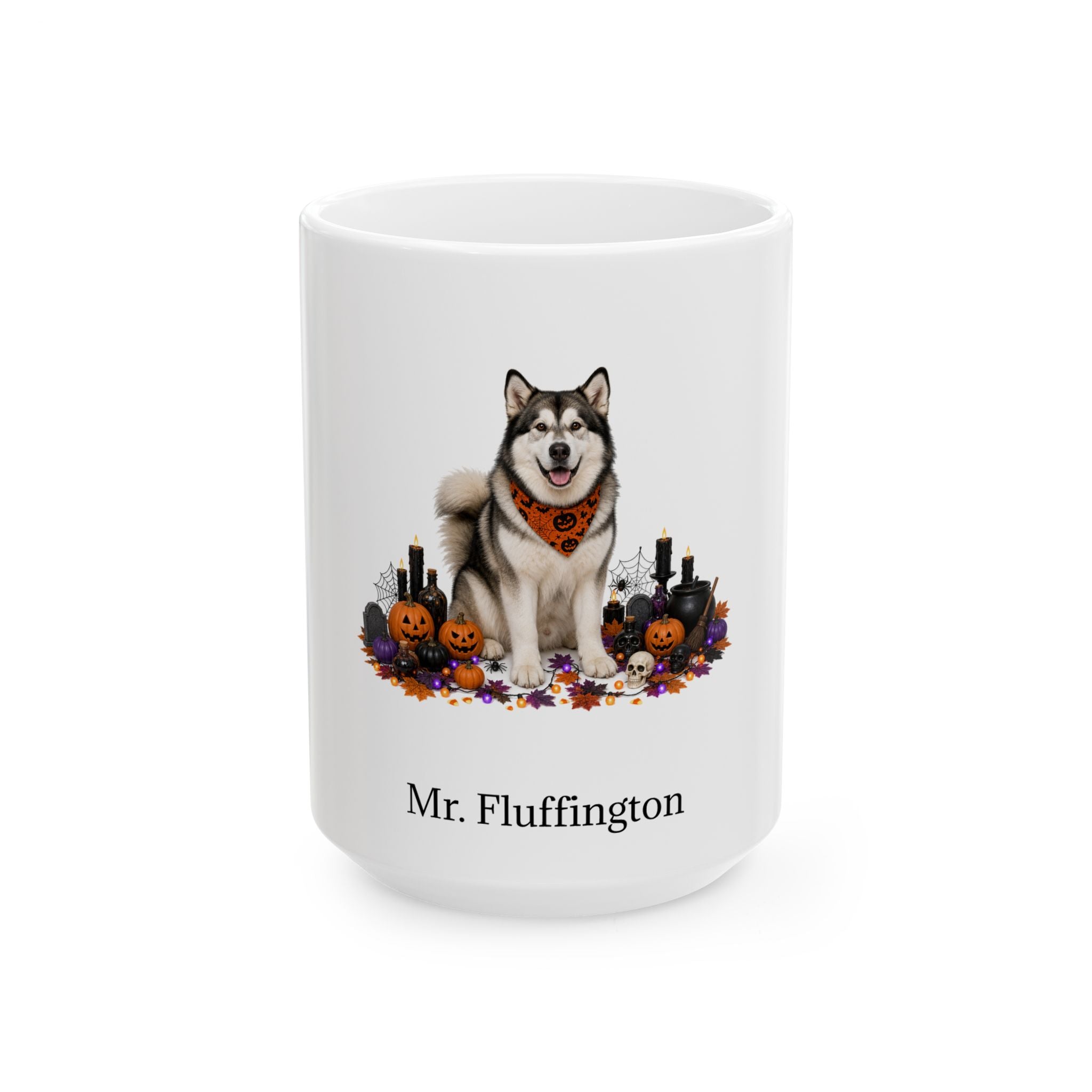 Personalized Malamute dog Halloween mug, 15oz white ceramic, with custom pet name on front