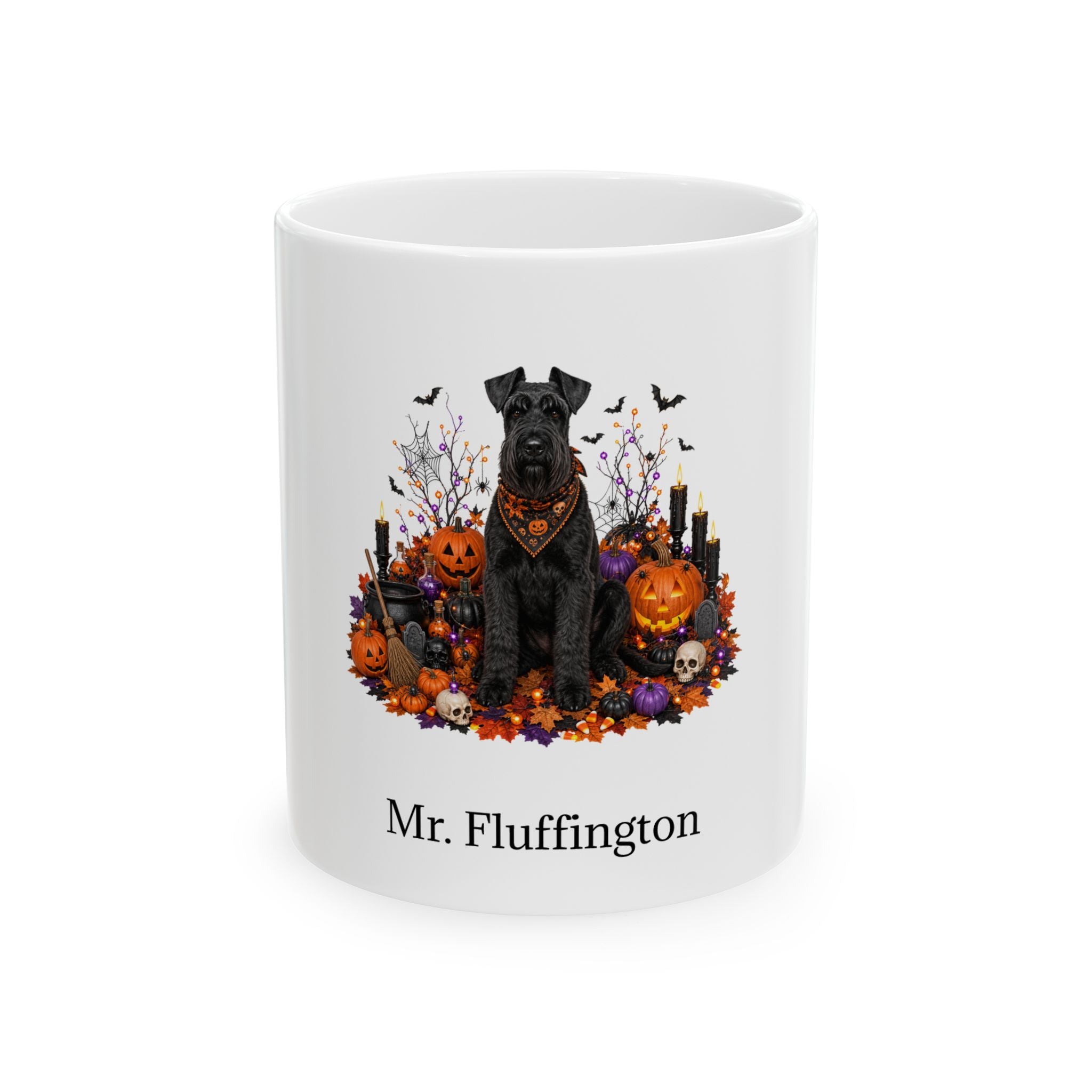 Personalized Giant Schnauzer dog Halloween mug, 11oz white ceramic, with custom pet name on front