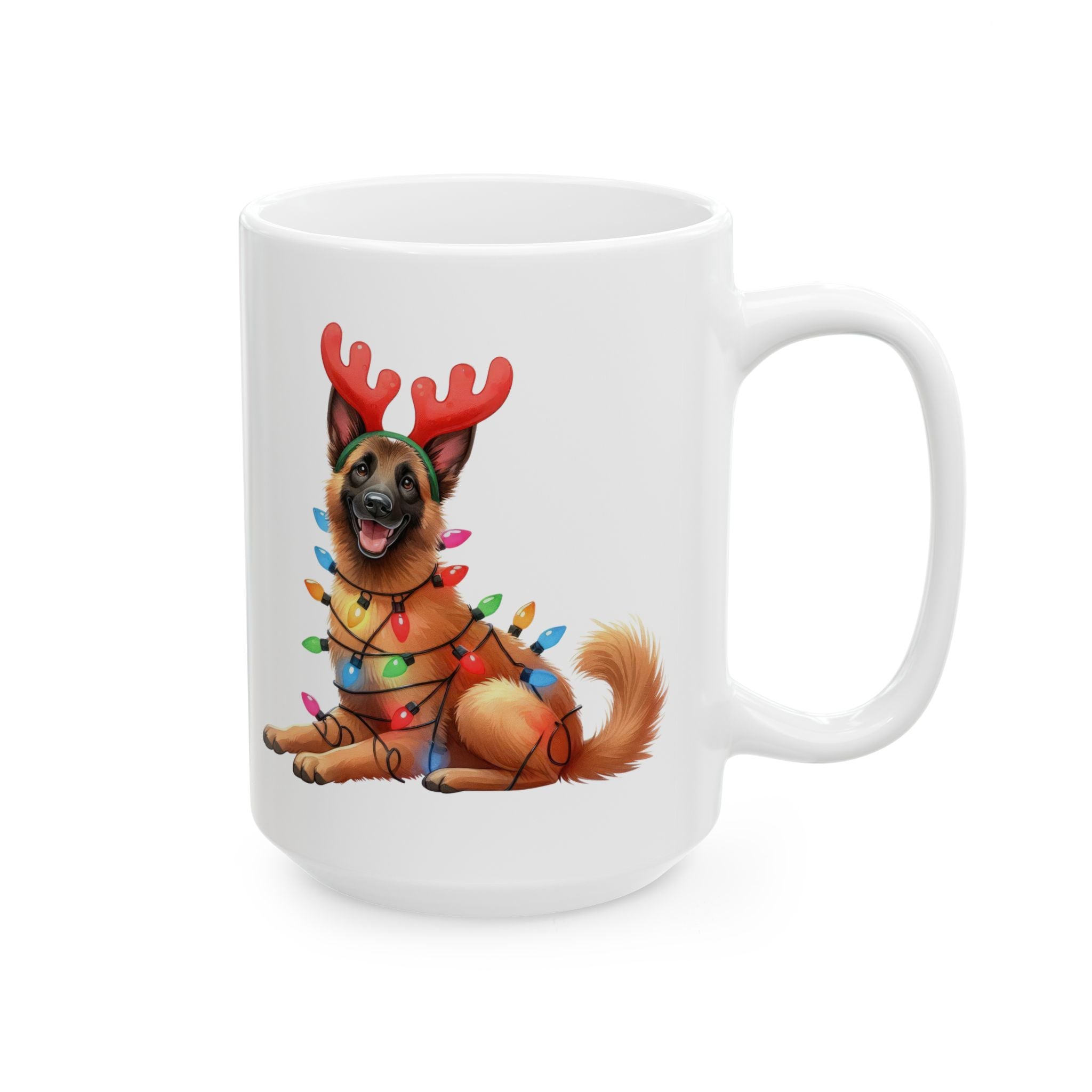 A white ceramic mug features a Belgian Malinois wearing reindeer antlers and Christmas lights.