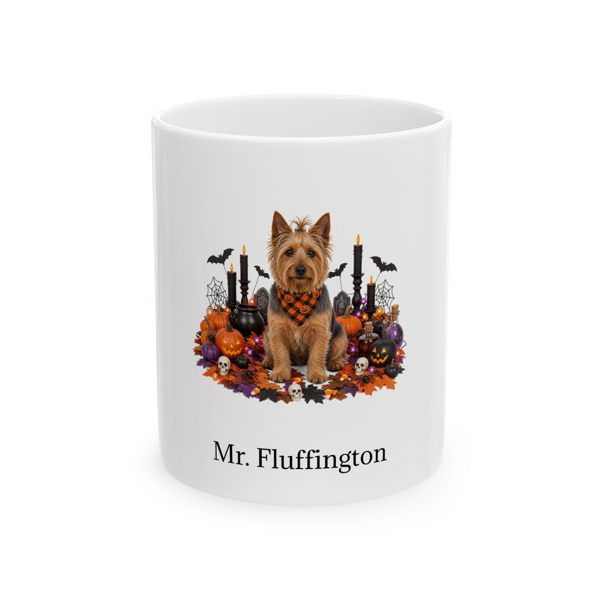 Personalized Australian Terrier dog Halloween mug, 15oz white ceramic, with custom pet name on front