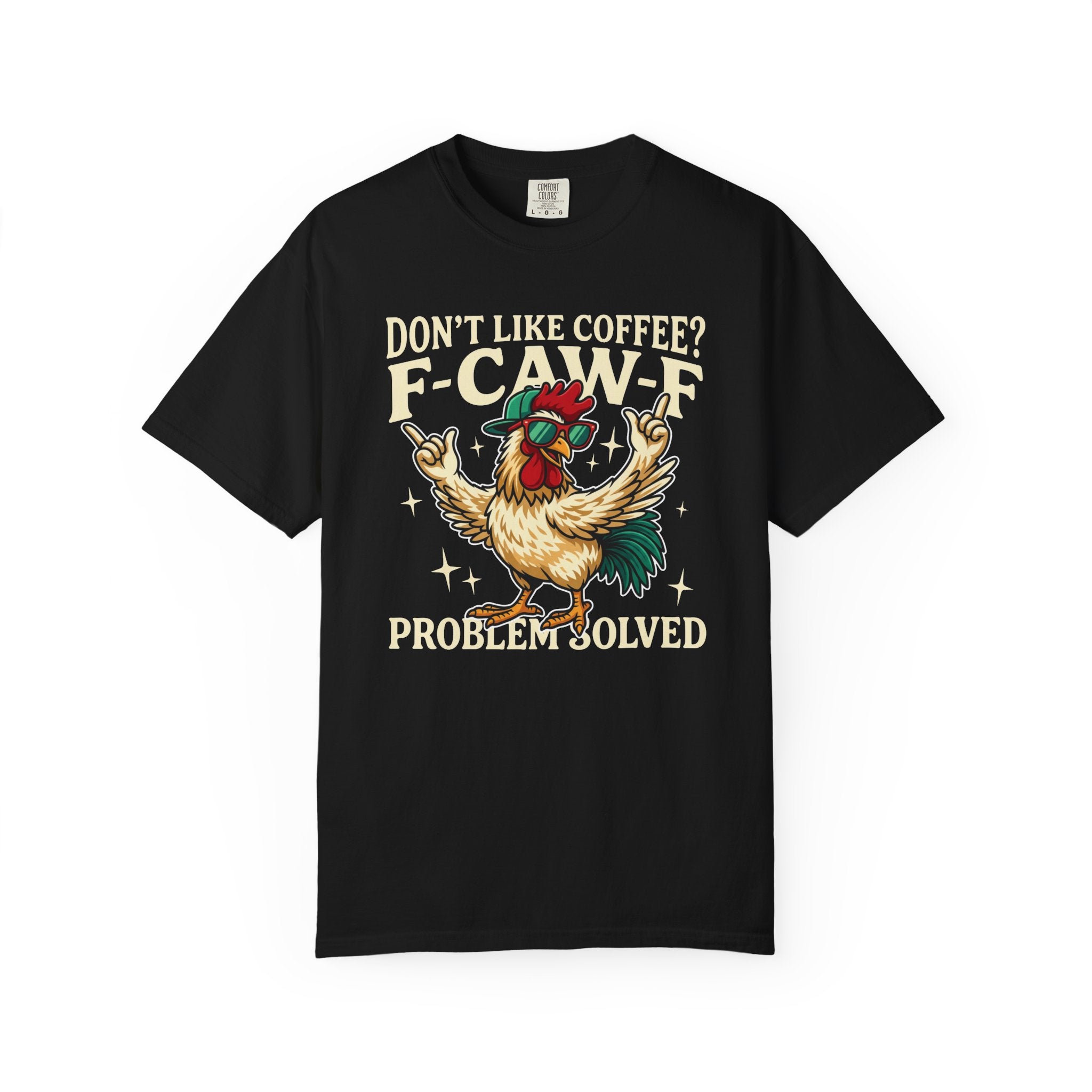 Black crewneck t-shirt featuring a graphic of a cool rooster wearing sunglasses and a cap.