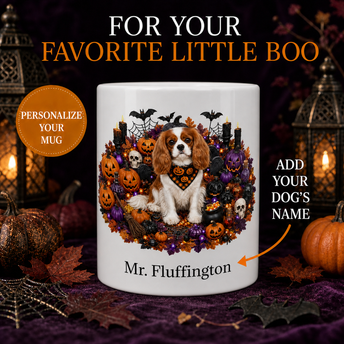 Personalized Cavalier King Charles Spaniel Halloween Mug – front view with no handle