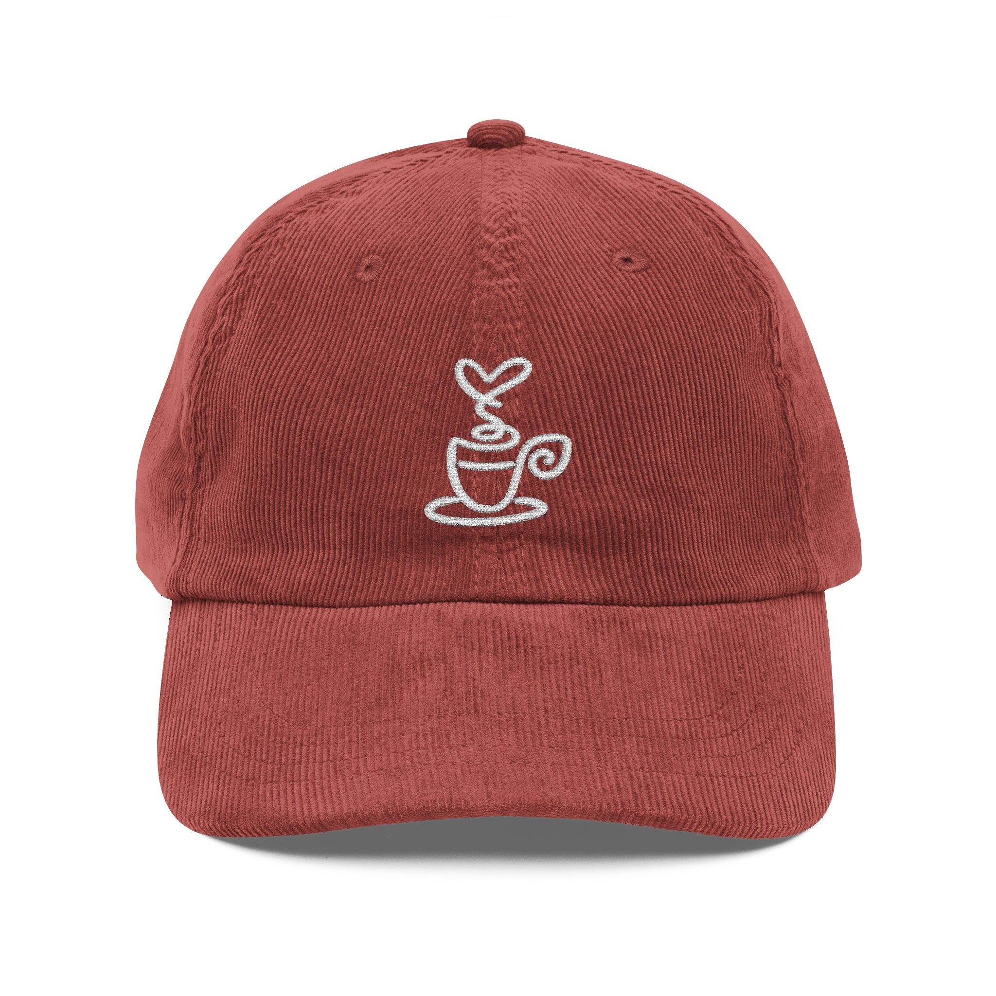 A rust-colored corduroy dad hat featuring a white embroidered coffee cup design on the front.