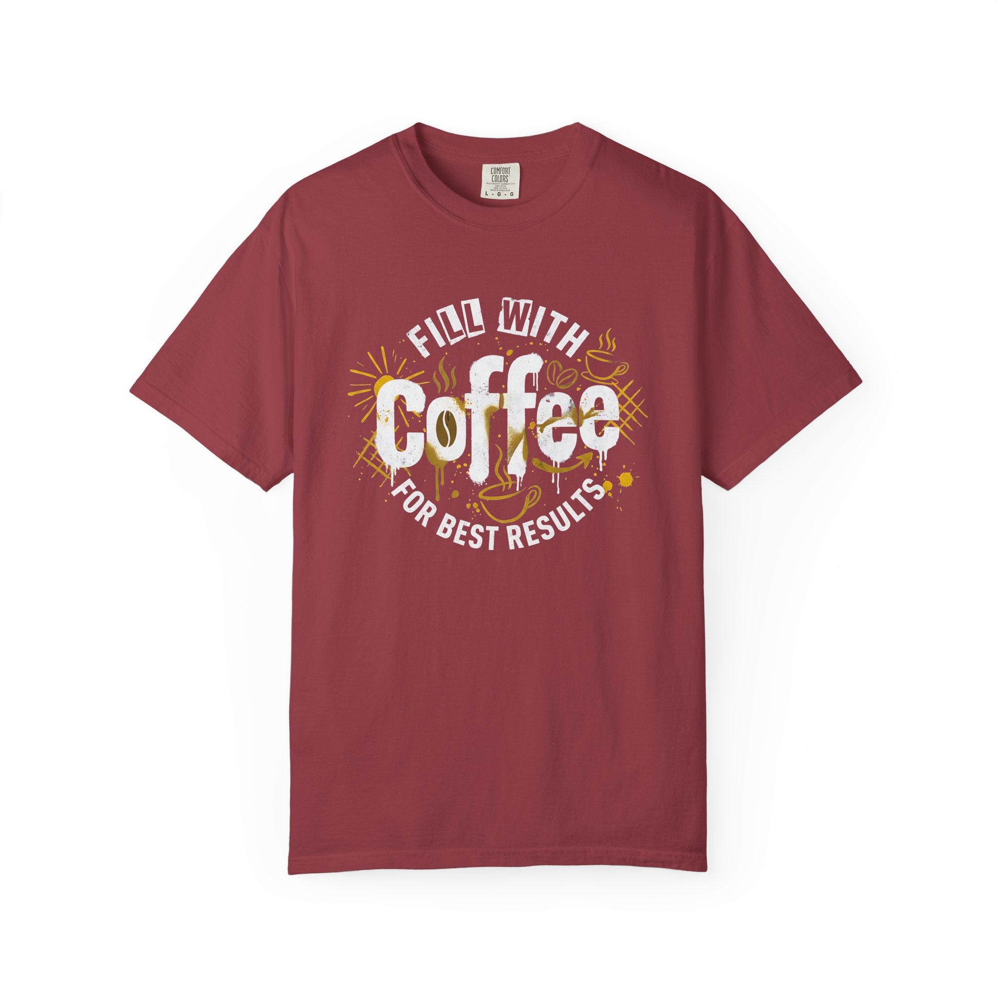 A maroon short-sleeve cotton t-shirt featuring a retro coffee-themed graphic on the chest.