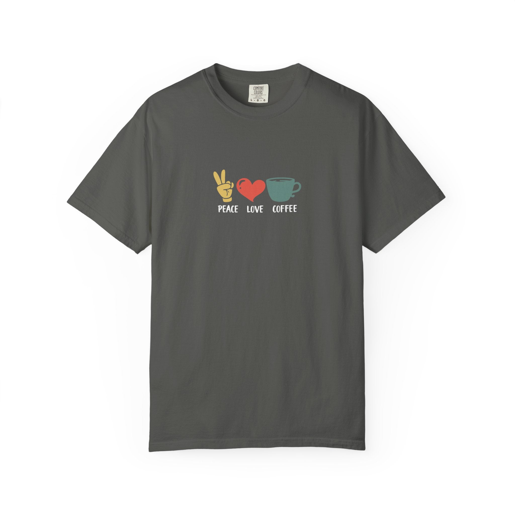 A charcoal grey heavyweight cotton t-shirt featuring a retro peace, love, and coffee graphic.