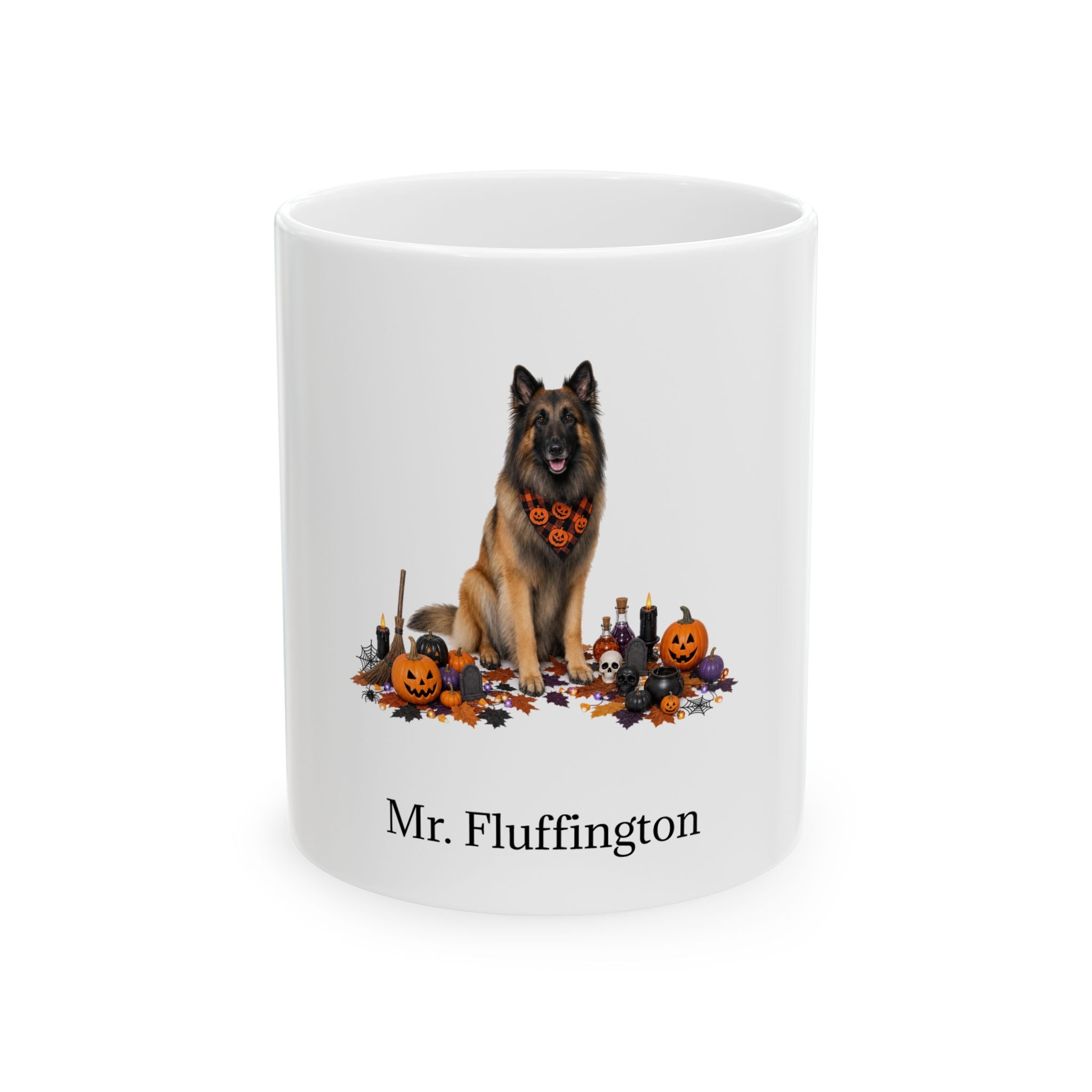 Personalized Belgian Tervuren dog Halloween mug, 15oz white ceramic, with custom pet name on front