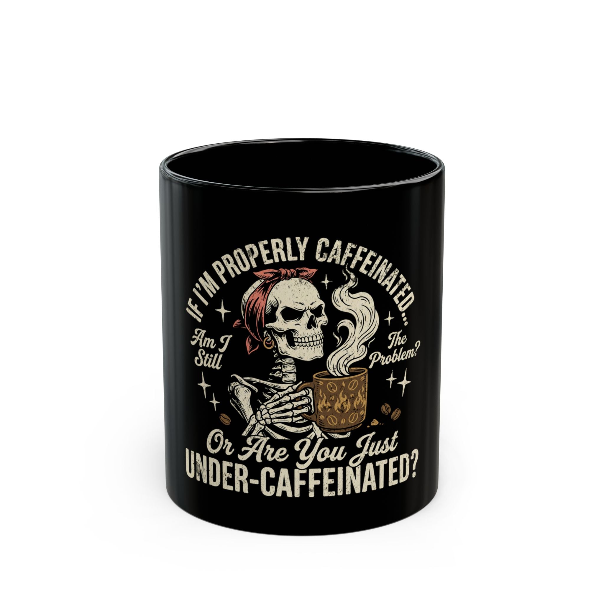 Black ceramic mug featuring a skeleton wearing a bandana and holding a steaming coffee cup.