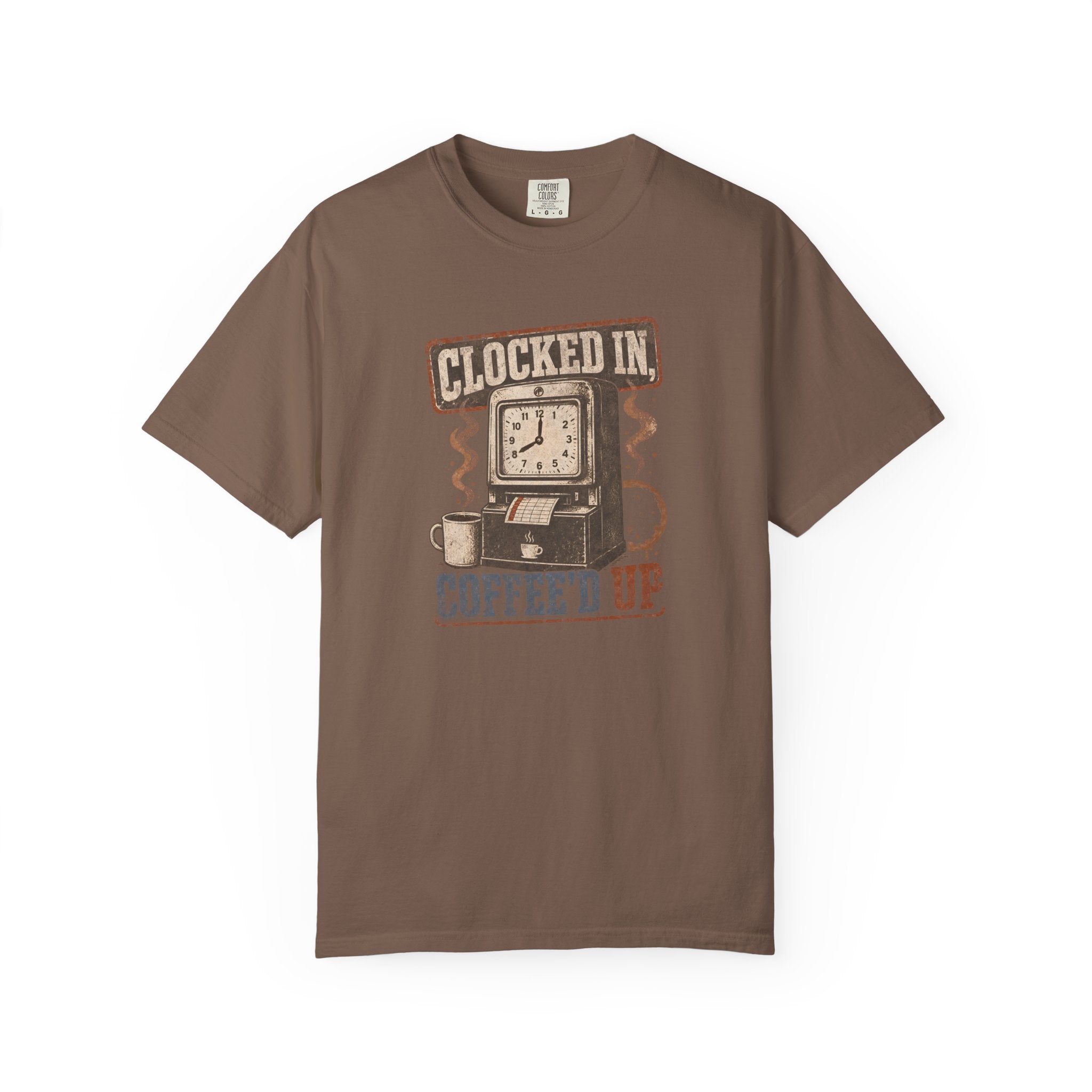 Brown Comfort Colors t-shirt with a vintage graphic of a time clock and coffee mug.