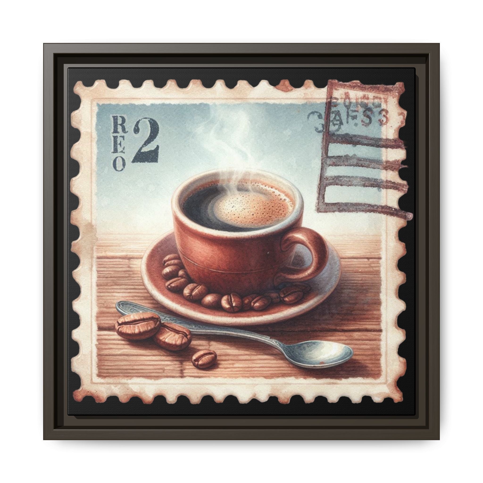 Vintage Coffee Stamp Framed Canvas Art | 14x14 Kitchen Wall Decor