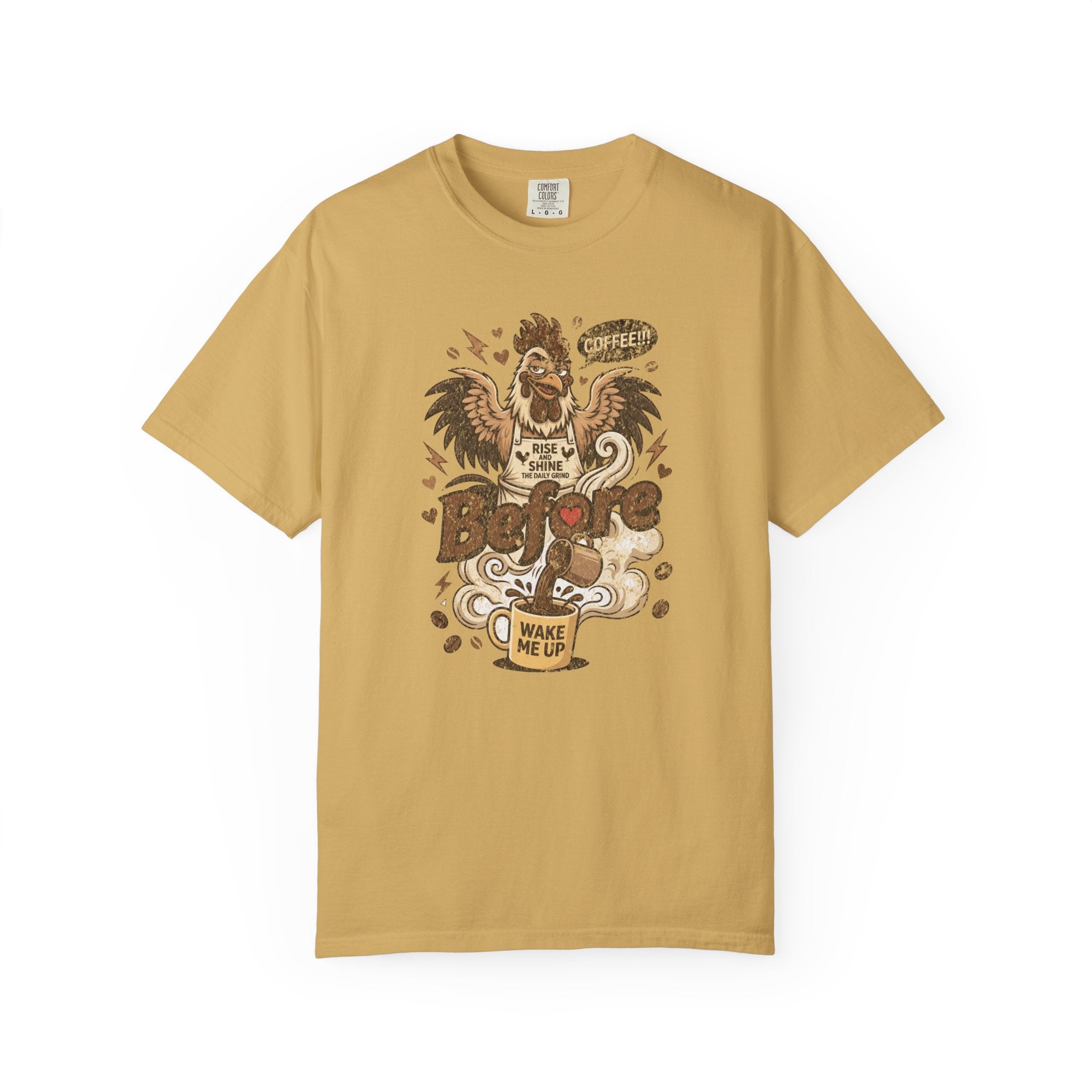 Mustard yellow unisex cotton t-shirt featuring a distressed graphic of a rooster drinking coffee.