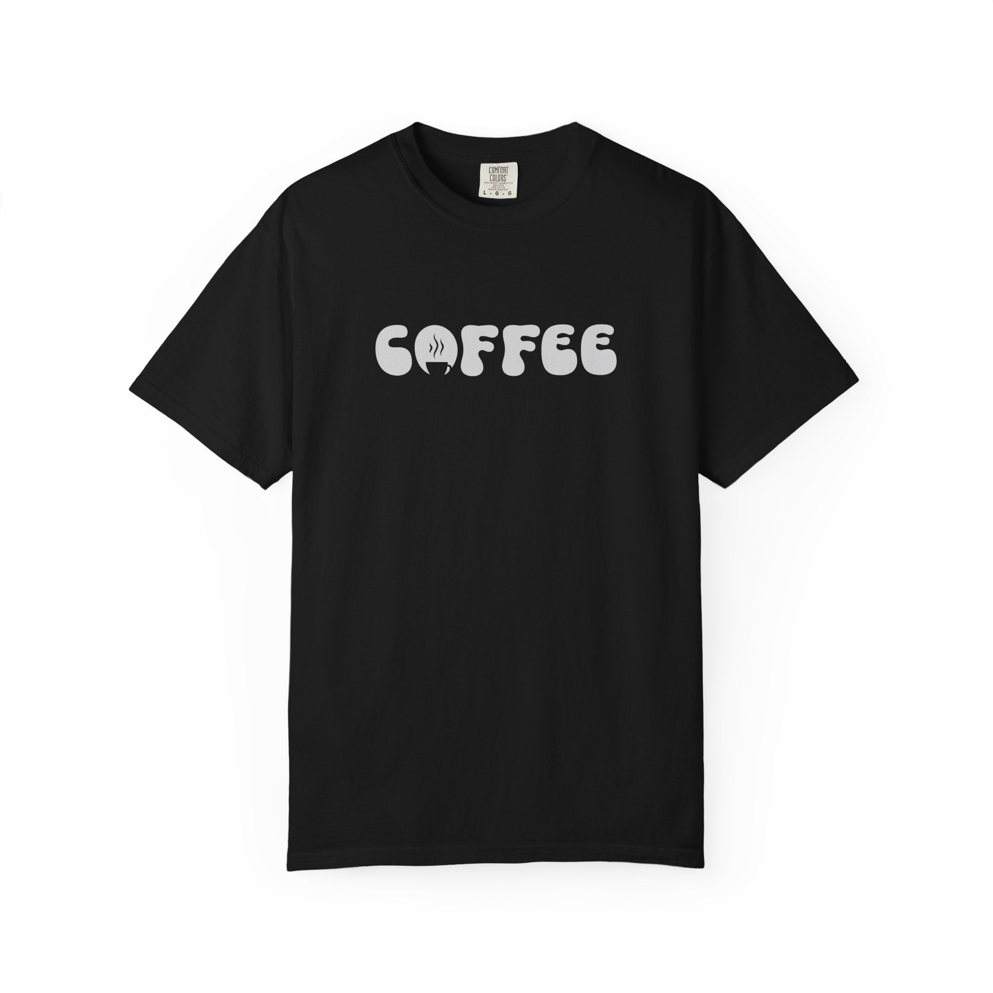 A black short-sleeved cotton t-shirt featuring the word COFFEE in a white retro bubble font.