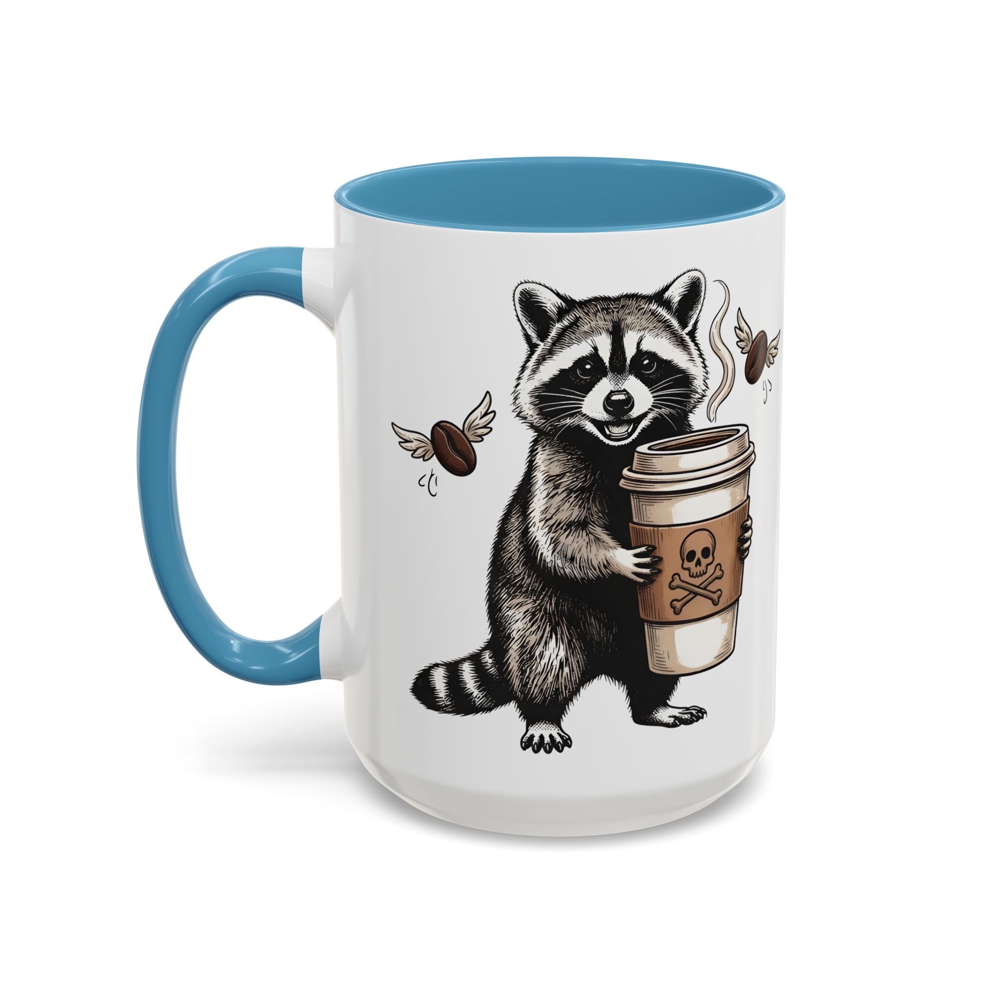 White ceramic mug with a blue handle and interior, featuring a raccoon holding a coffee cup.