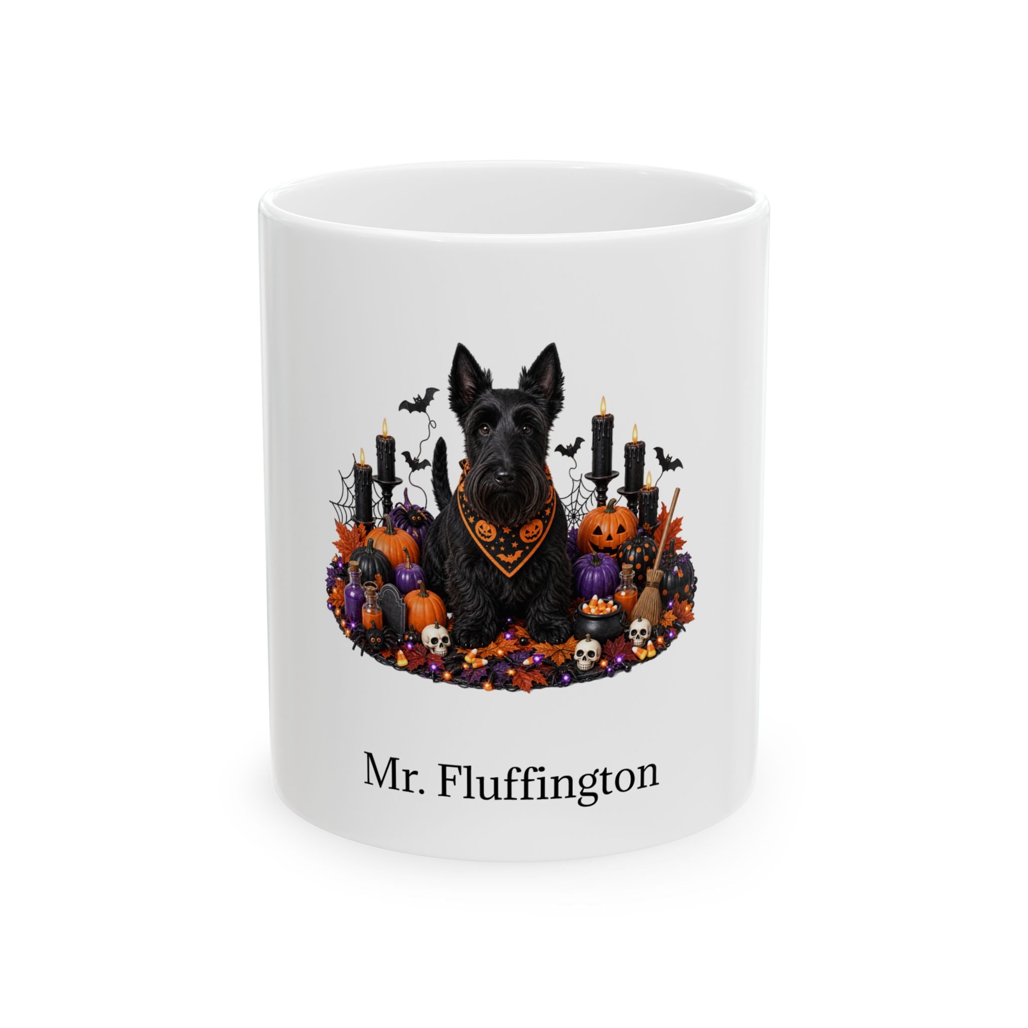 Personalized Scottish Terrier dog Halloween mug, 11oz white ceramic, with custom pet name on front