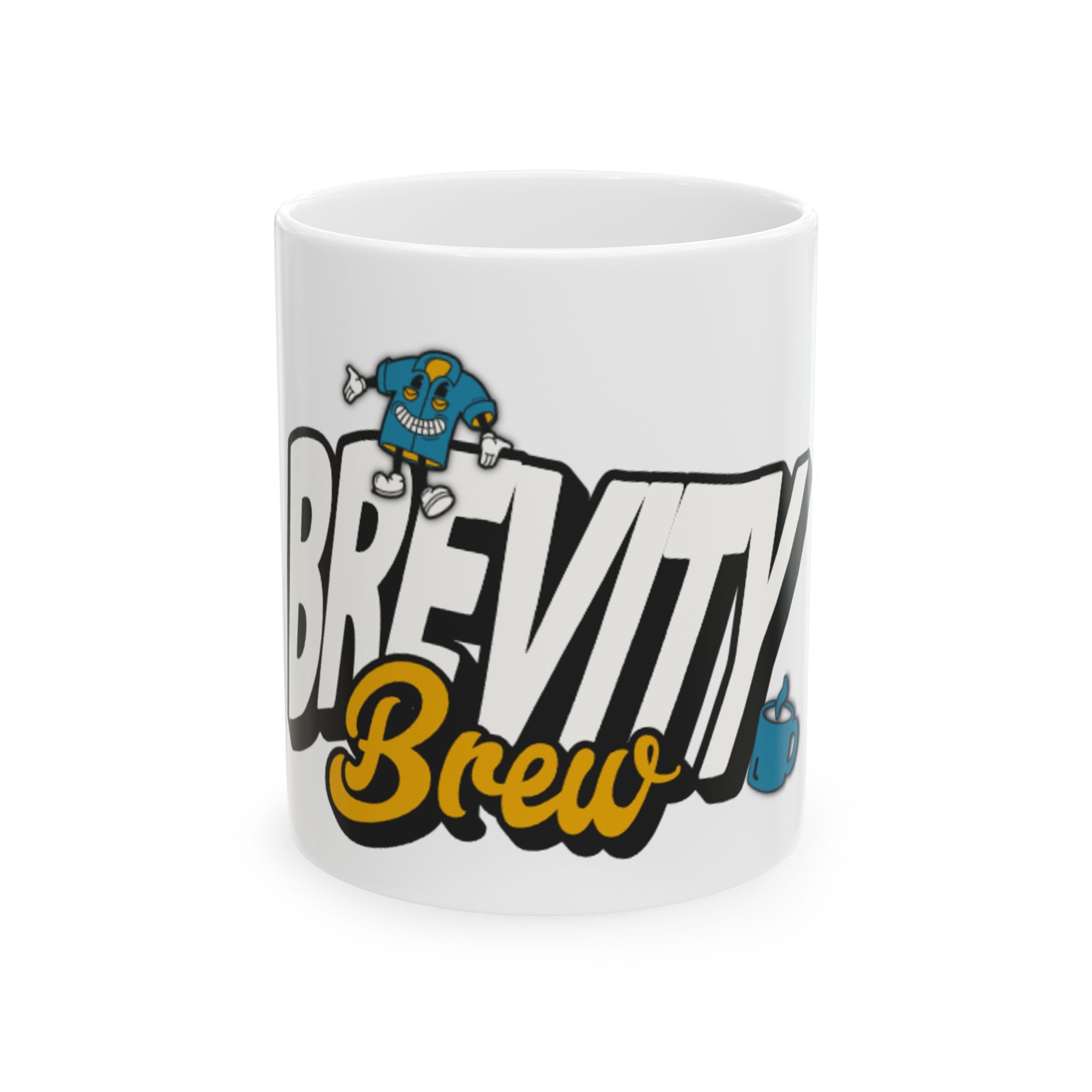 White ceramic mug featuring a cartoon character and the words Brevity Brew in a stylized font.