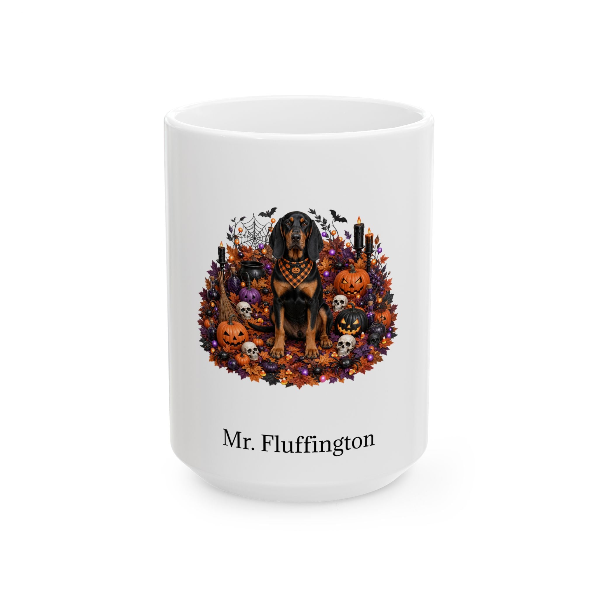 Personalized Black and Tan Coonhound dog Halloween mug, 11oz white ceramic, with custom pet name on front