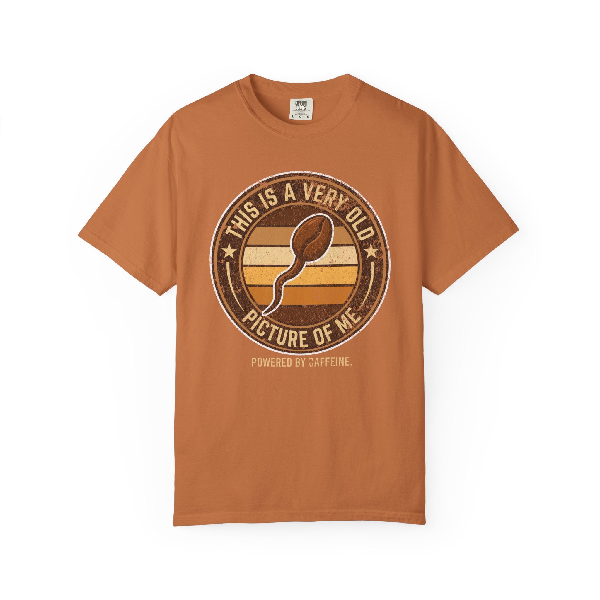 Rust-colored t-shirt with a vintage-style graphic of a coffee bean shaped like a sperm cell.
