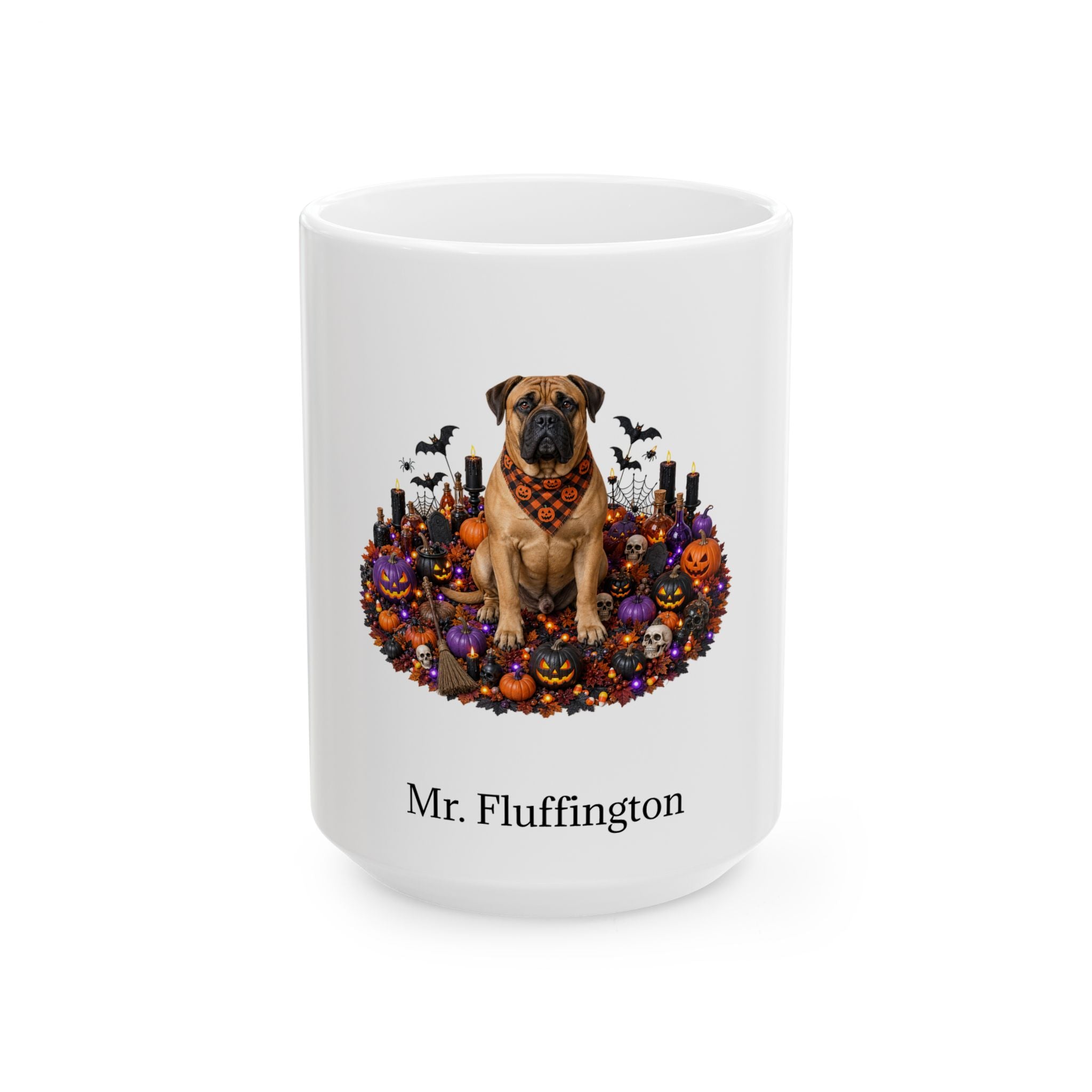 Personalized Boerboel dog Halloween mug, 15oz white ceramic, with custom pet name on front