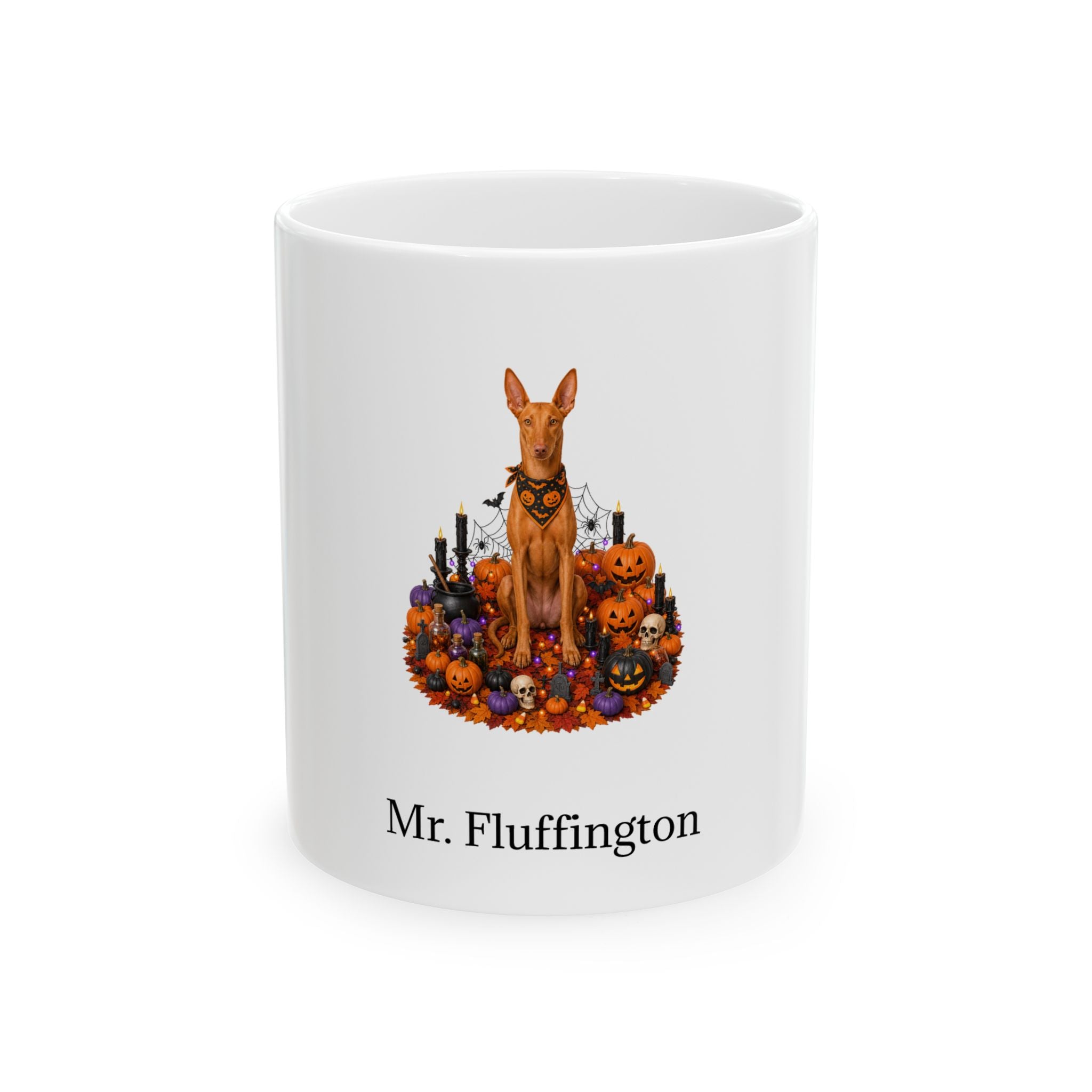 Personalized Pharaoh Hound dog Halloween mug, 11oz white ceramic, with custom pet name on front