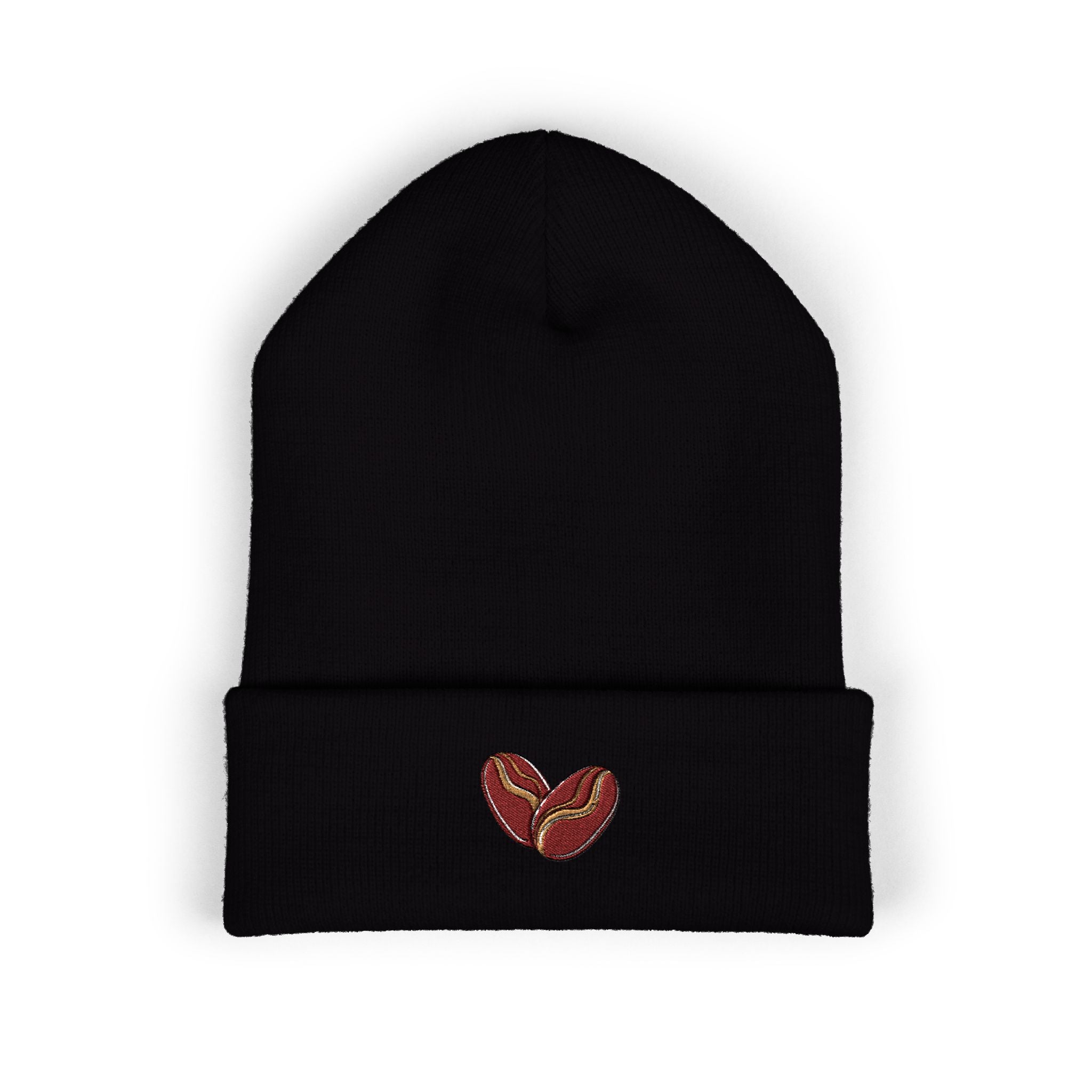 Black cuffed beanie with embroidered coffee bean detail.