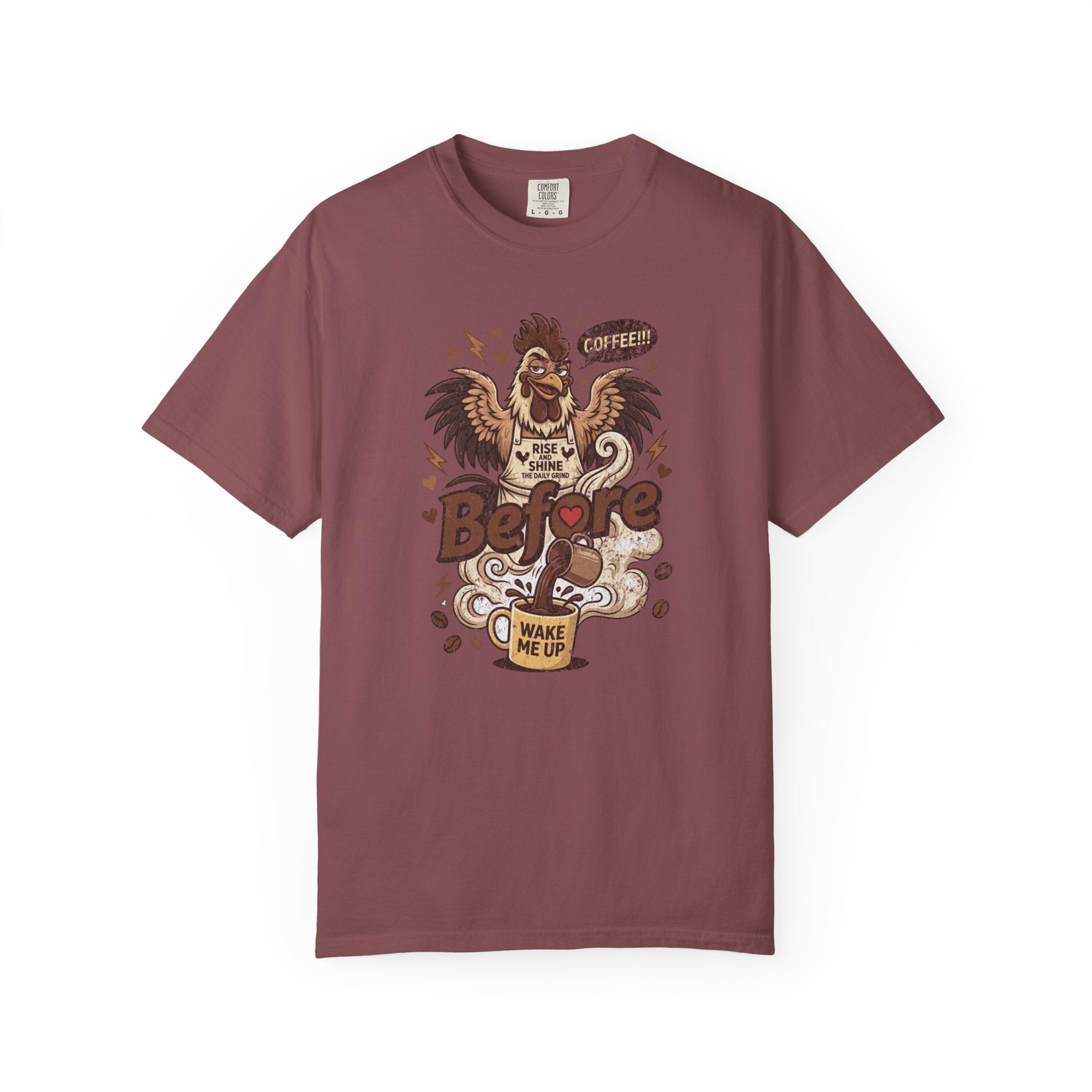 A maroon unisex cotton t-shirt featuring a distressed graphic of a rooster pouring coffee.