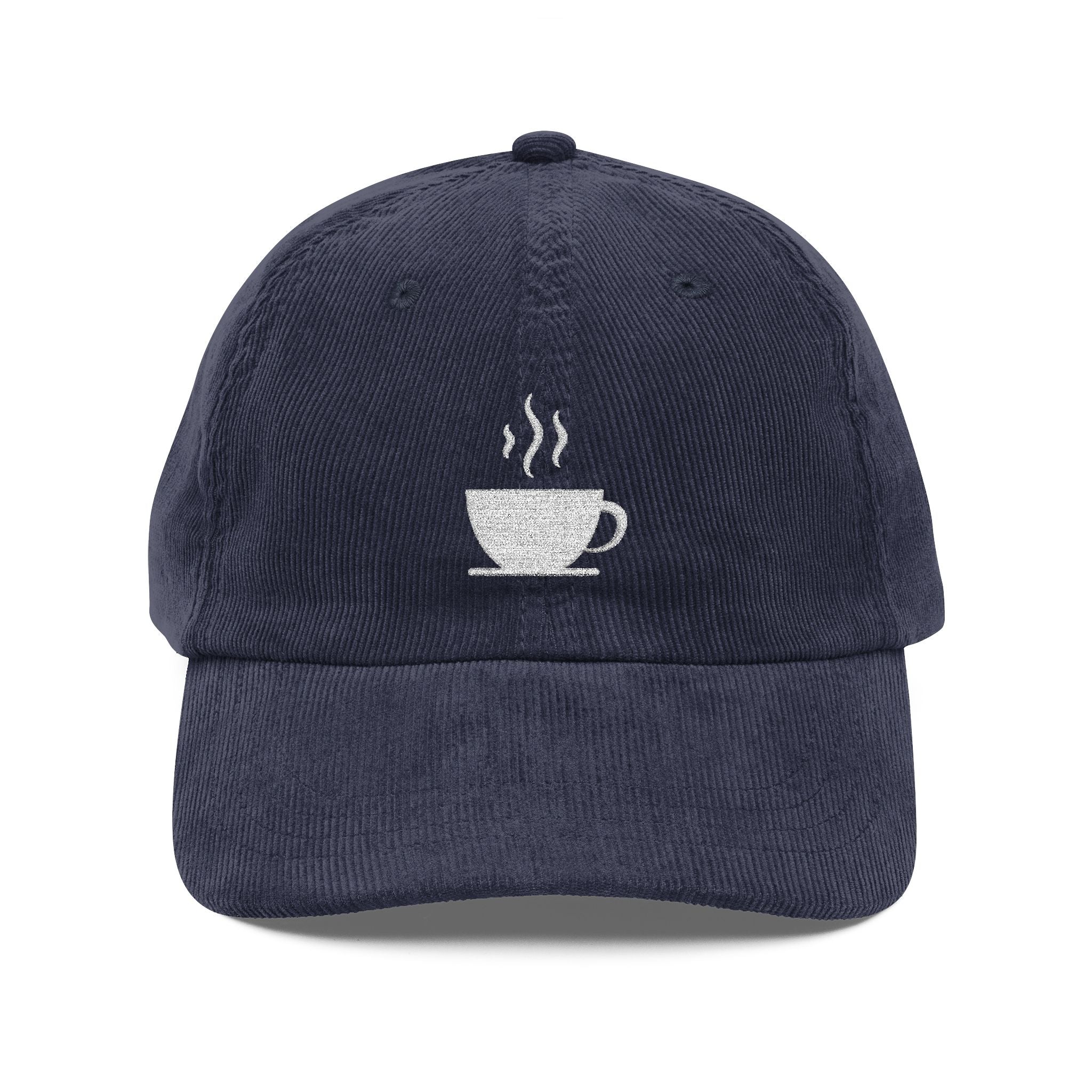 A navy blue corduroy dad hat featuring white embroidery of a steaming coffee cup.