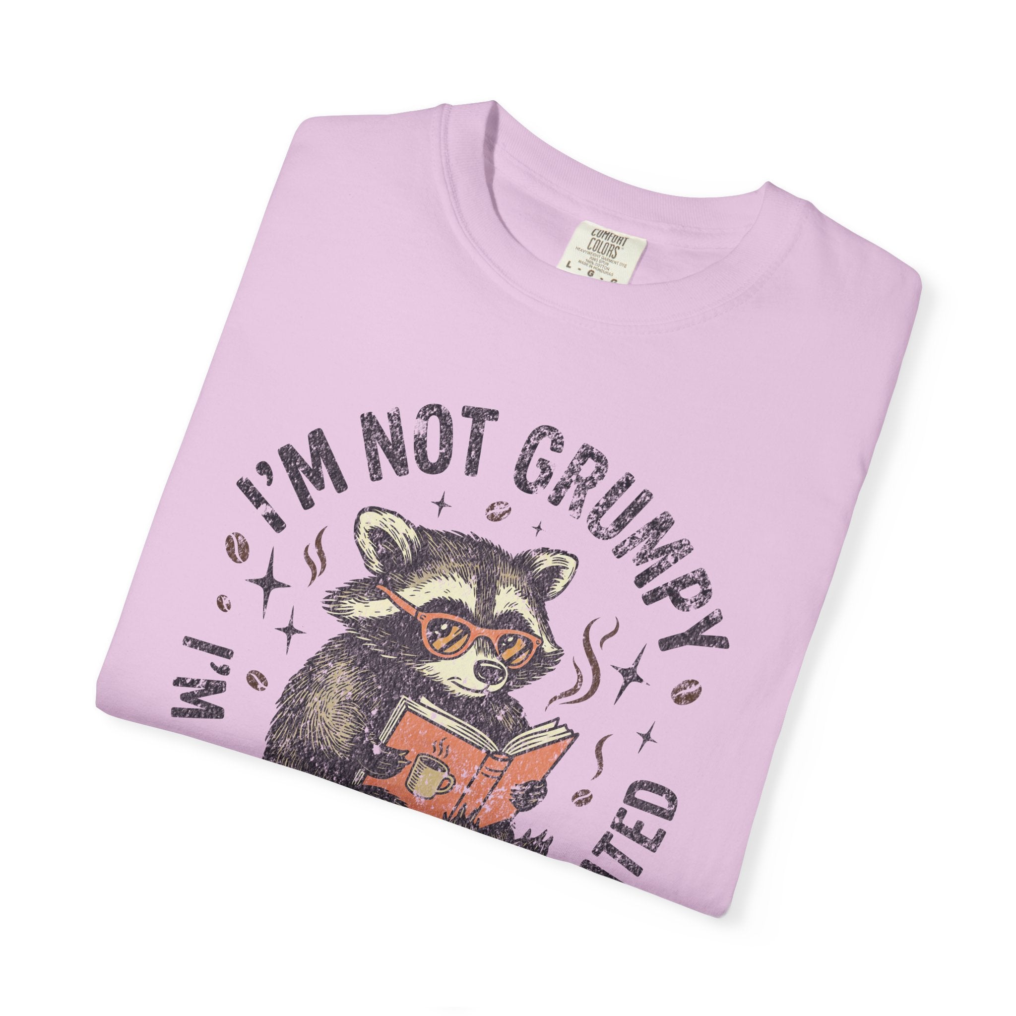 Light pink unisex t-shirt featuring a graphic of a raccoon wearing glasses and reading a book.