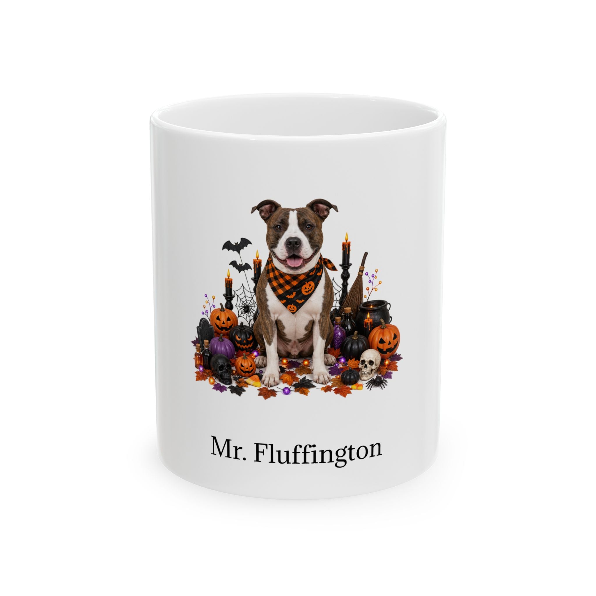 Personalized American Staffordshire Terrier dog Halloween mug, 15oz white ceramic, with custom pet name on front