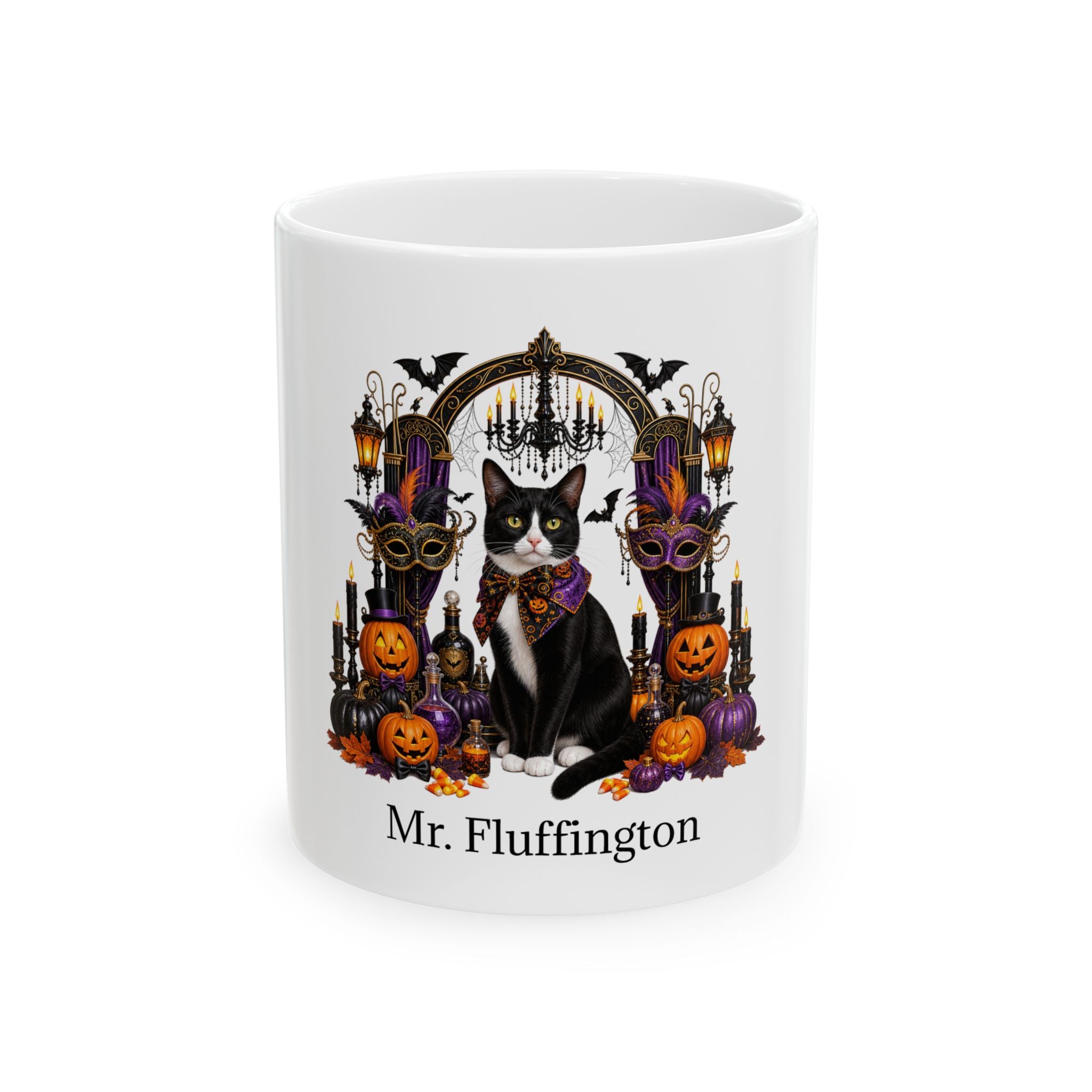 Personalized Tuxedo cat ceramic coffee mug with Halloween artwork and custom name — image 2