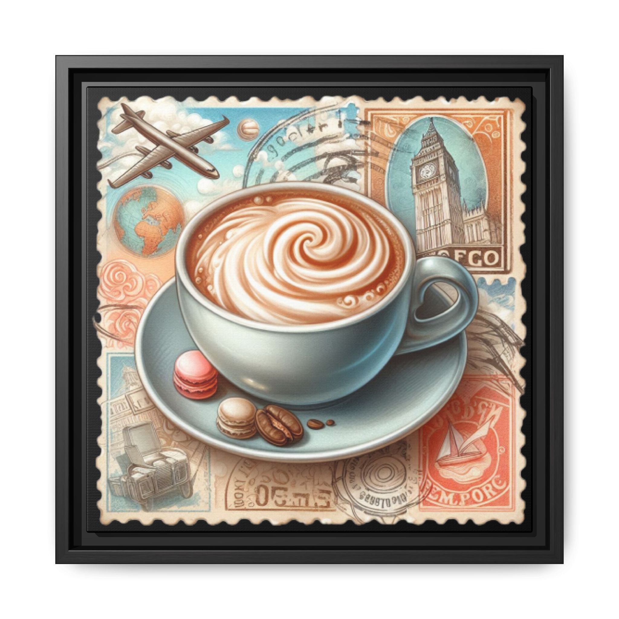 Vintage Coffee Stamp Framed Canvas Art | 14x14 Matte Wall Decor