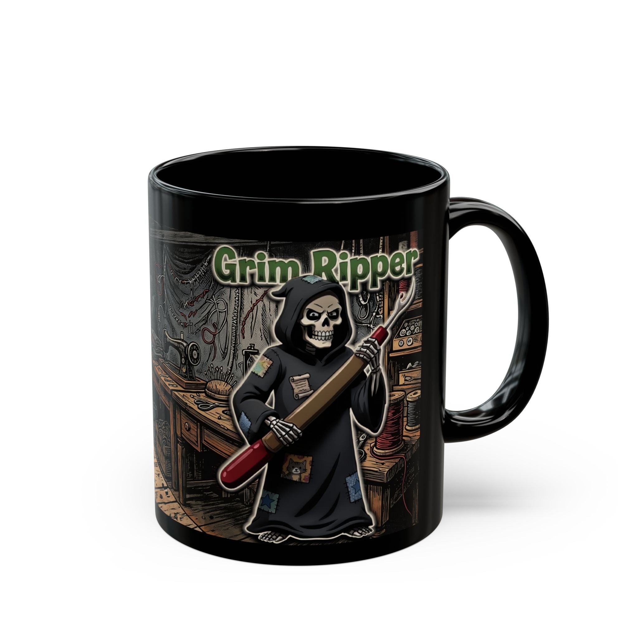 Black ceramic coffee mug featuring a Grim Ripper skeleton character holding a seam ripper tool.