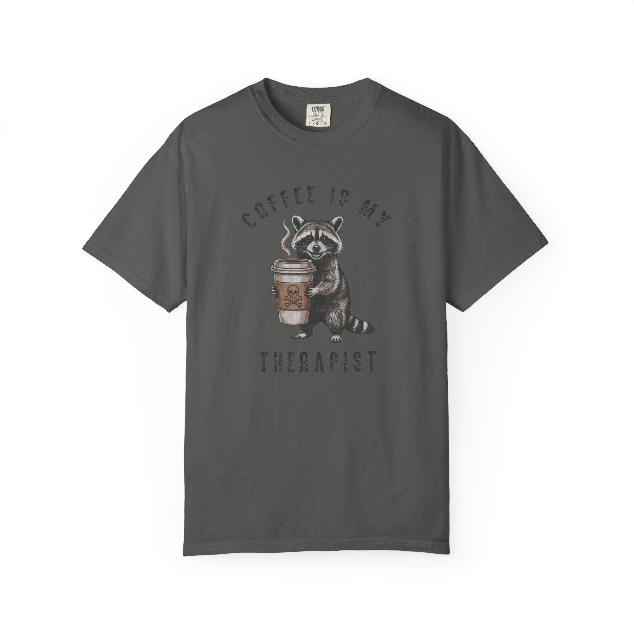 Dark grey unisex cotton t-shirt featuring a raccoon holding a coffee cup with a skull design.